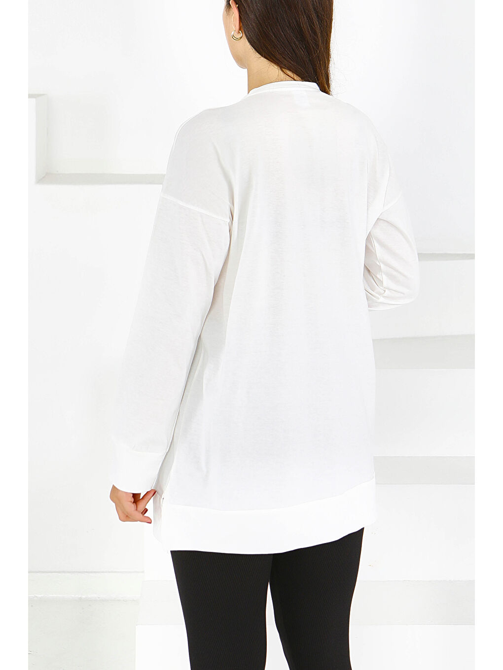 Uzun Kollu Taşlı Süprem Tunik Beyaz - 27583-3