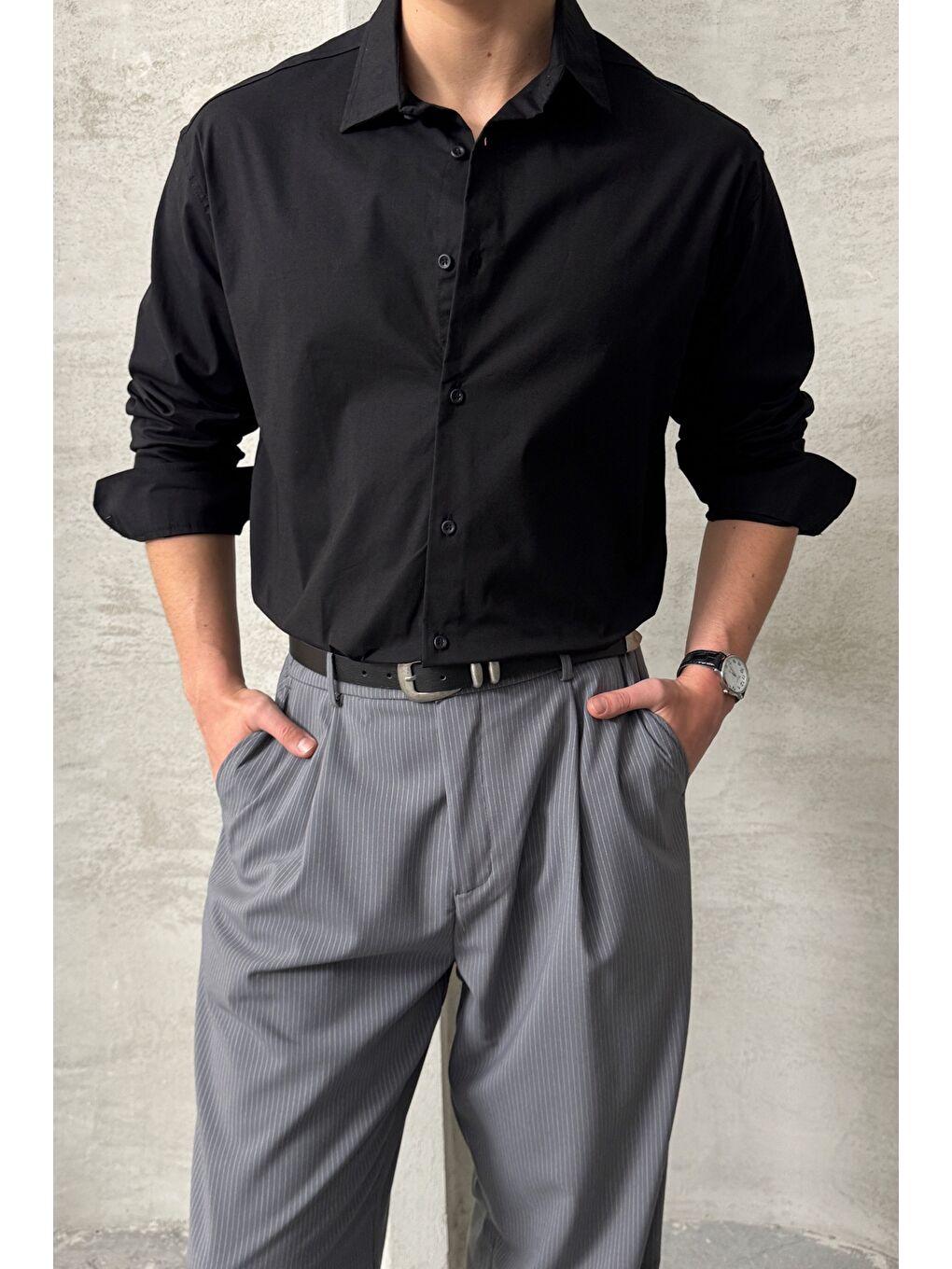 Siyah Erkek Oversize Pamuklu Poplin Gömlek-1