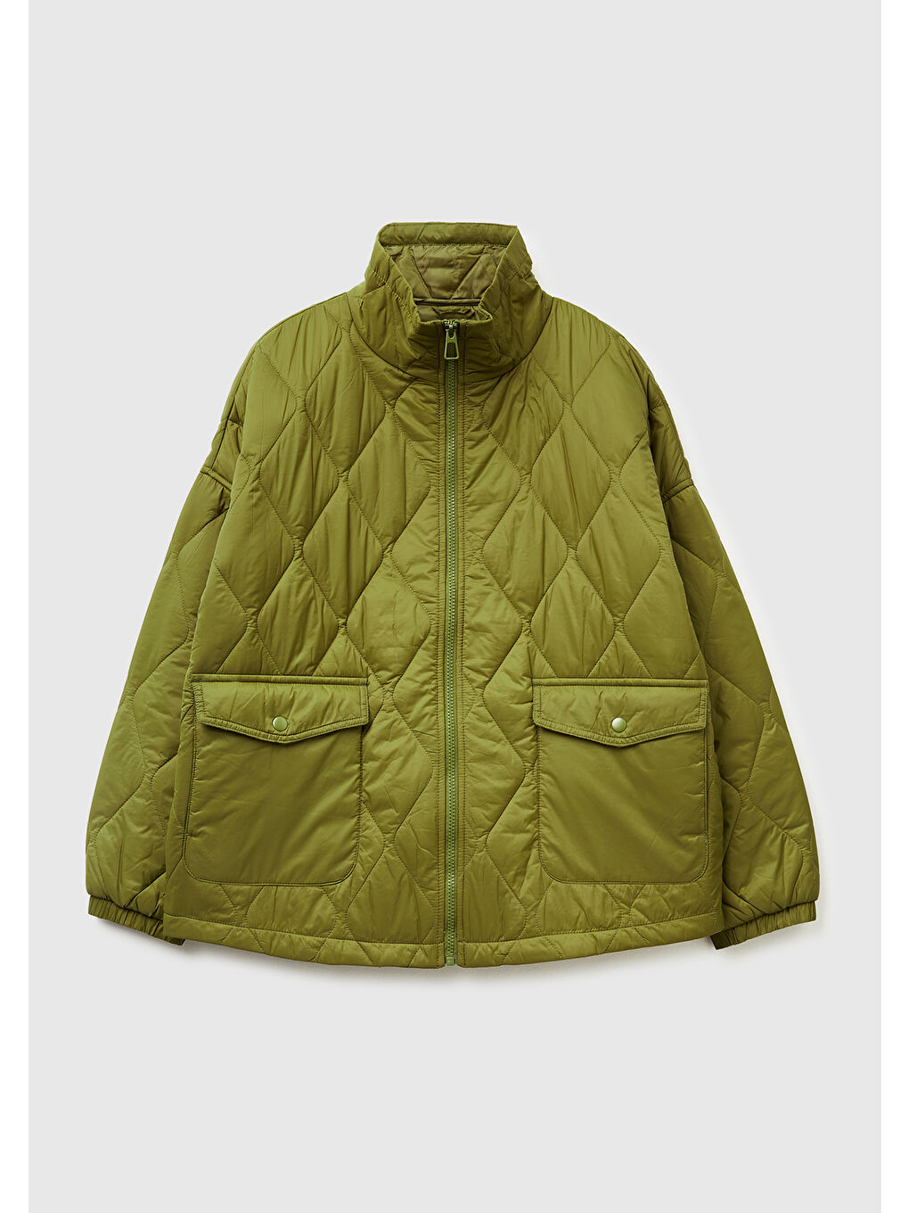 Kadın Haki Yeşili Fermuarlı Cepli Dik Yaka Kapitone Mont-1