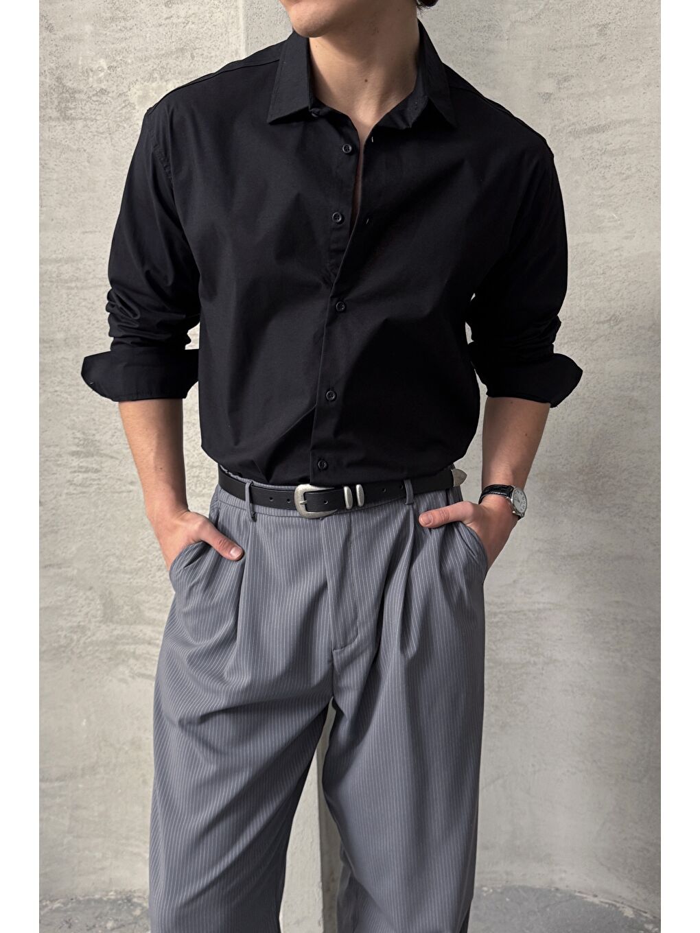 Siyah Erkek Oversize Pamuklu Poplin Gömlek-2