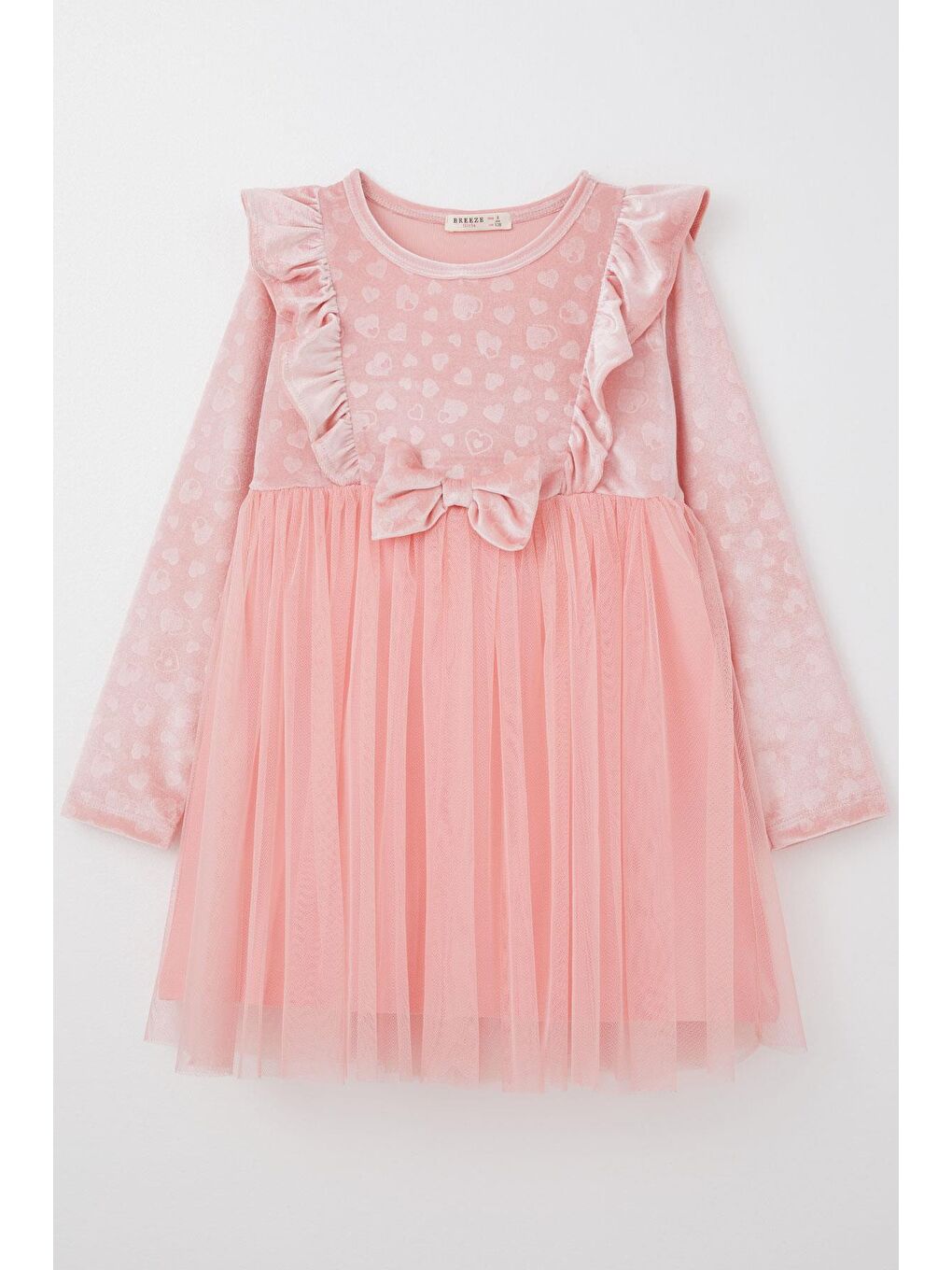 Kız Çocuk Uzun Kollu Elbise Kadife Kalp Desenli Fiyonklu Pembe (5-6 Yaş)