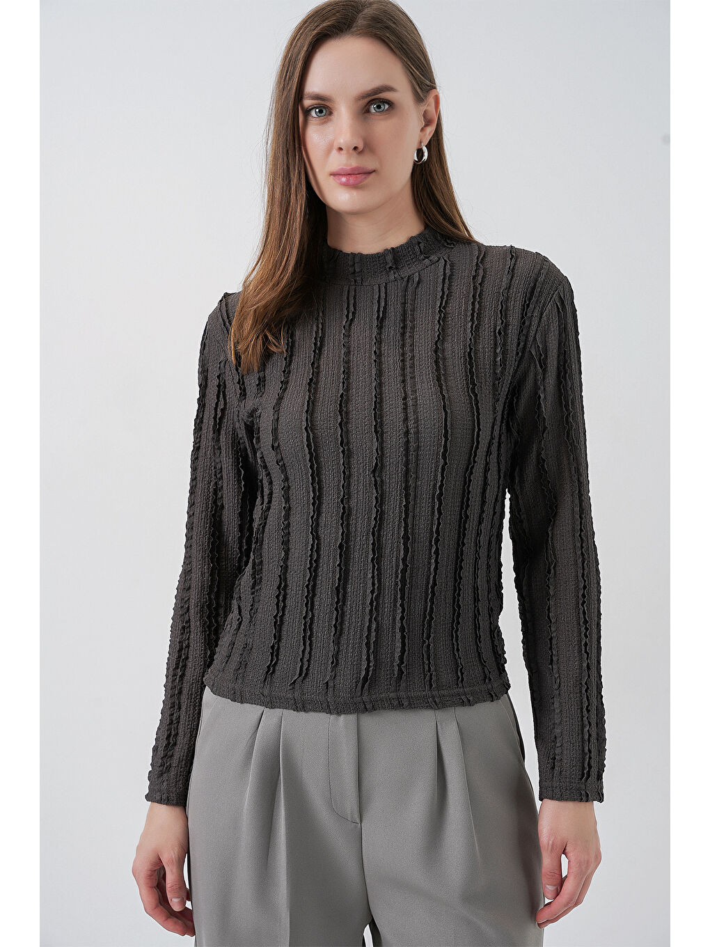 Kadın Dokulu Esnek Örme Bluz 975 - Antrasit-2