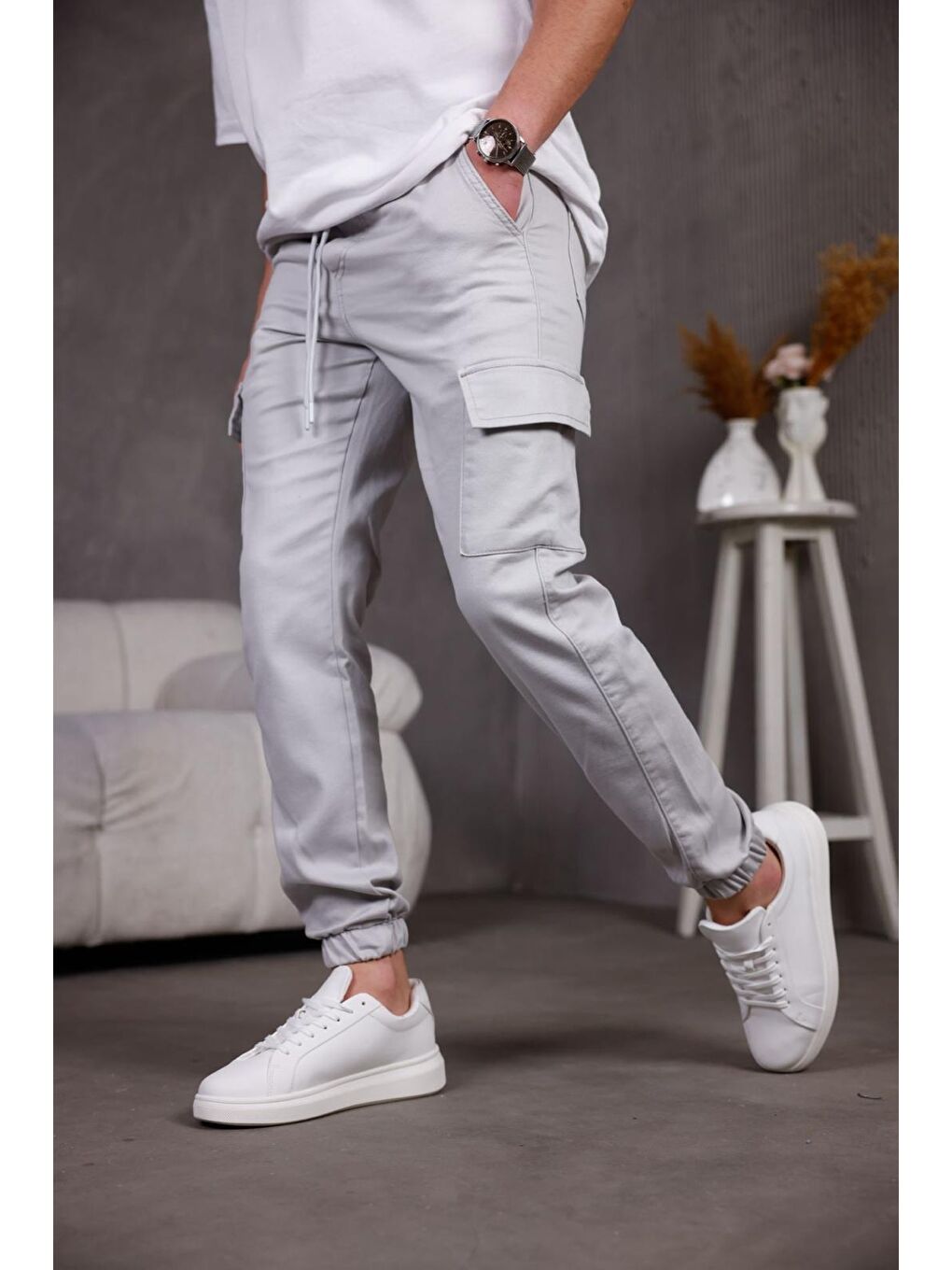 Gri Hend Jogg Paçası ve Beli Lastikli Slim Fit Elastanlı Keten Kargo Pantolon