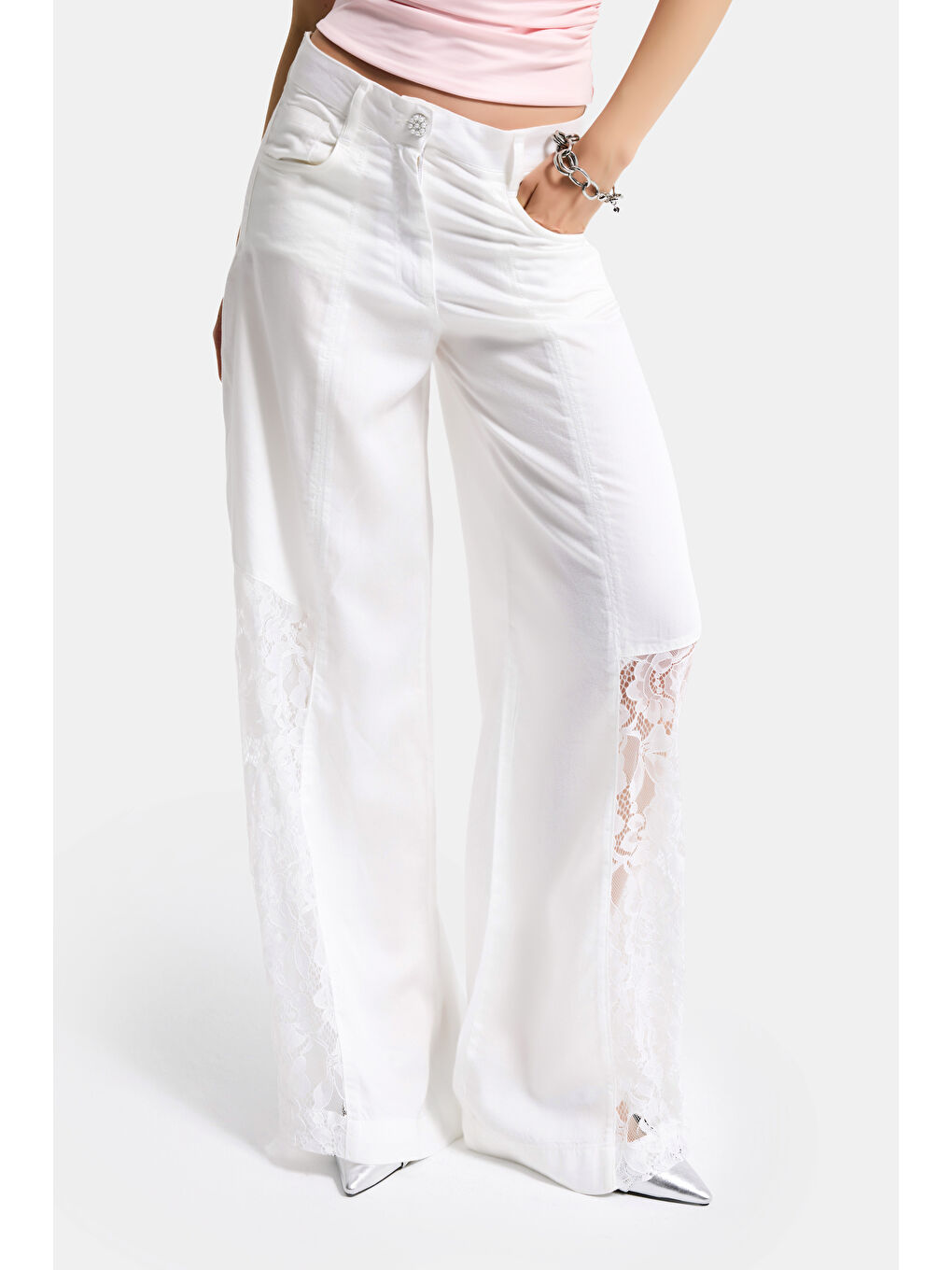 Kadın Kırık Beyaz 7s6-101 Palazzo Dantel Detaylı Özel Tasarım Pantolon
