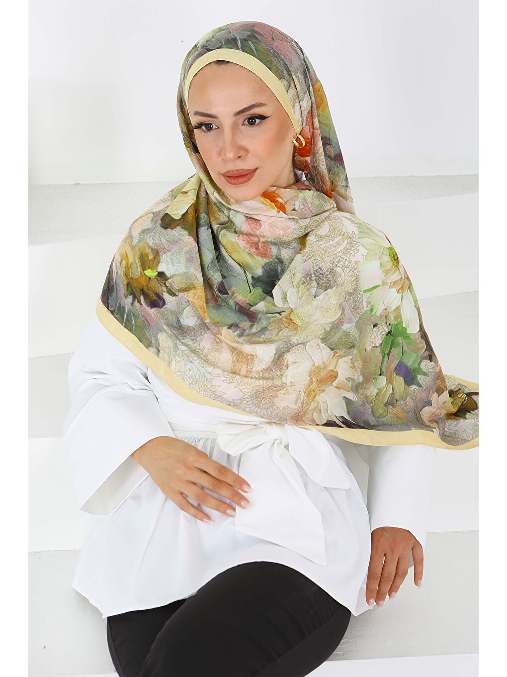 Sarı Bambu Kıraş Şal Sari - 27617-3