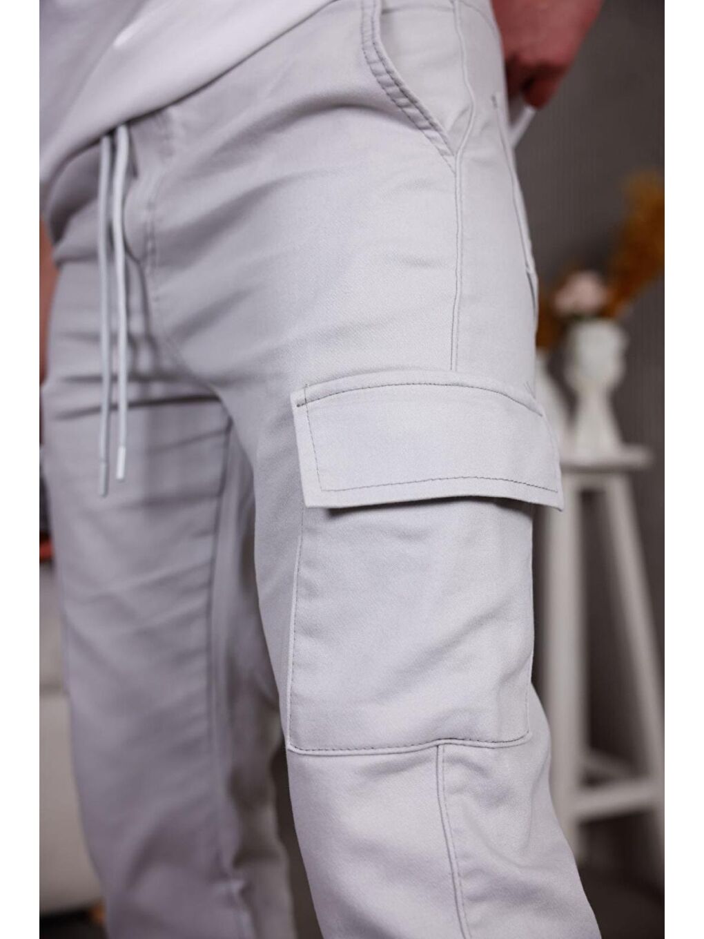 Gri Hend Jogg Paçası ve Beli Lastikli Slim Fit Elastanlı Keten Kargo Pantolon-3