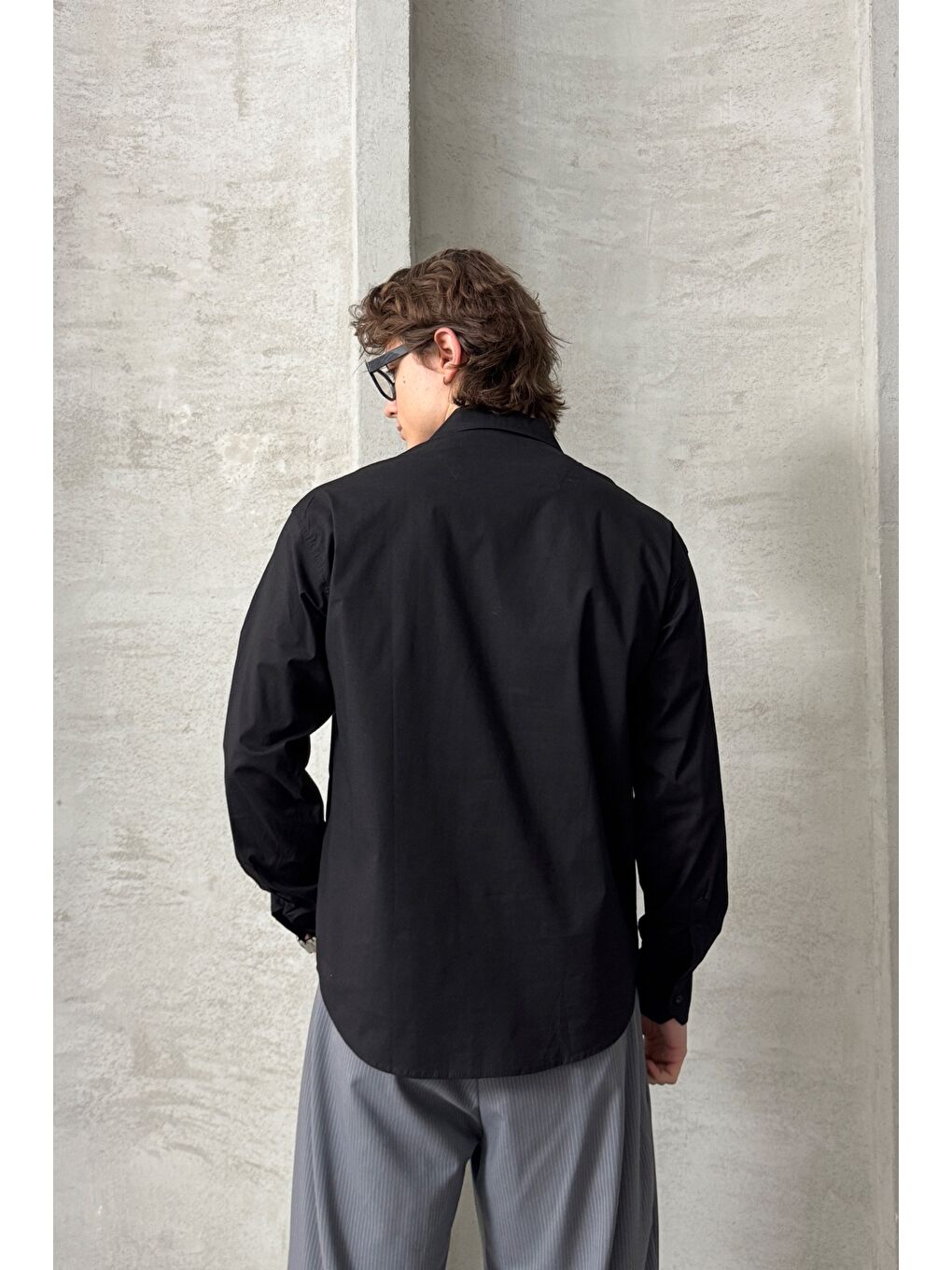 Siyah Erkek Oversize Pamuklu Poplin Gömlek-5