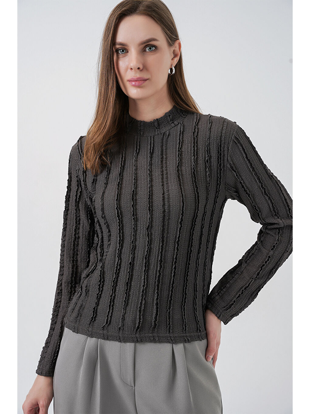 Kadın Dokulu Esnek Örme Bluz 975 - Antrasit-3