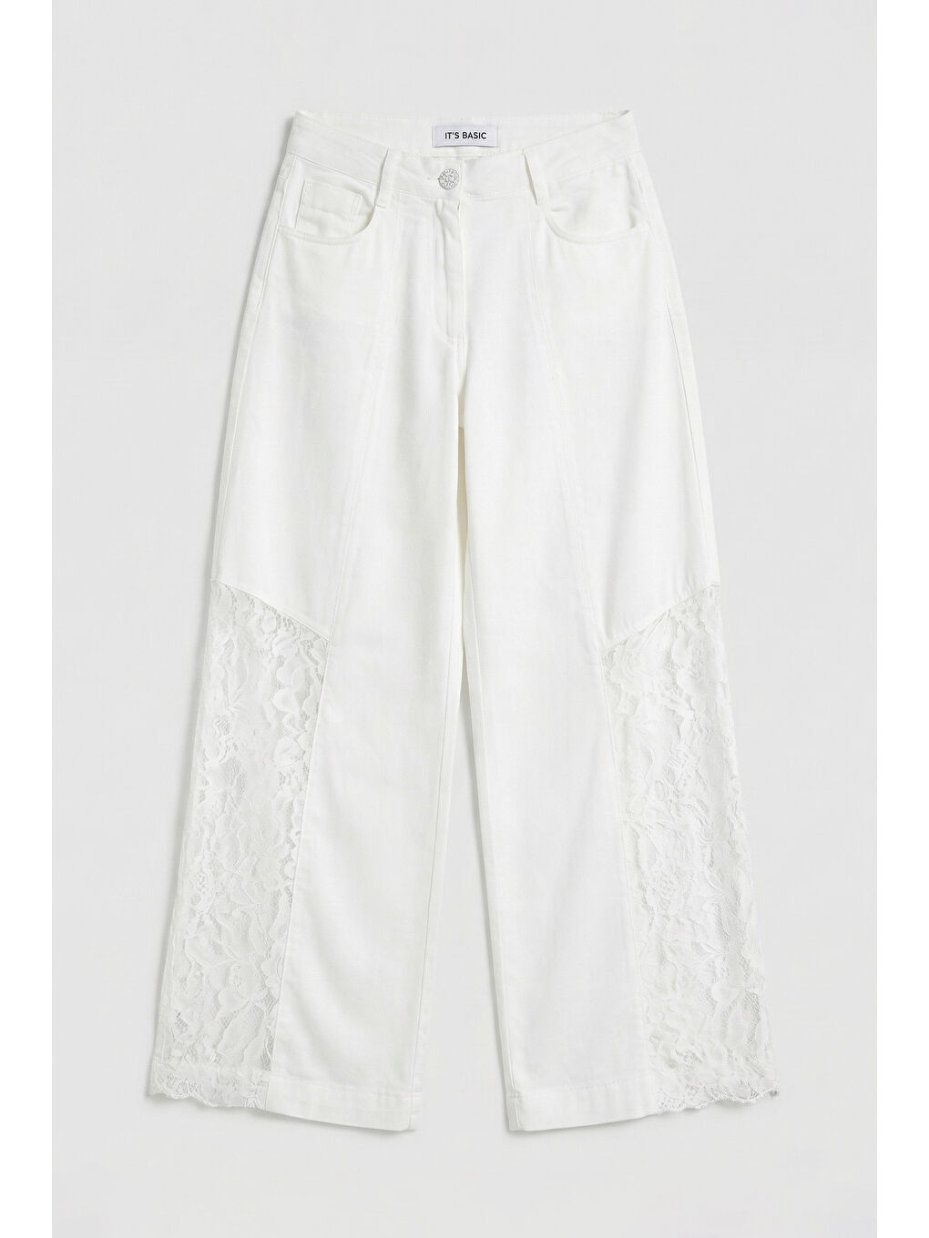 Kadın Kırık Beyaz 7s6-101 Palazzo Dantel Detaylı Özel Tasarım Pantolon-3