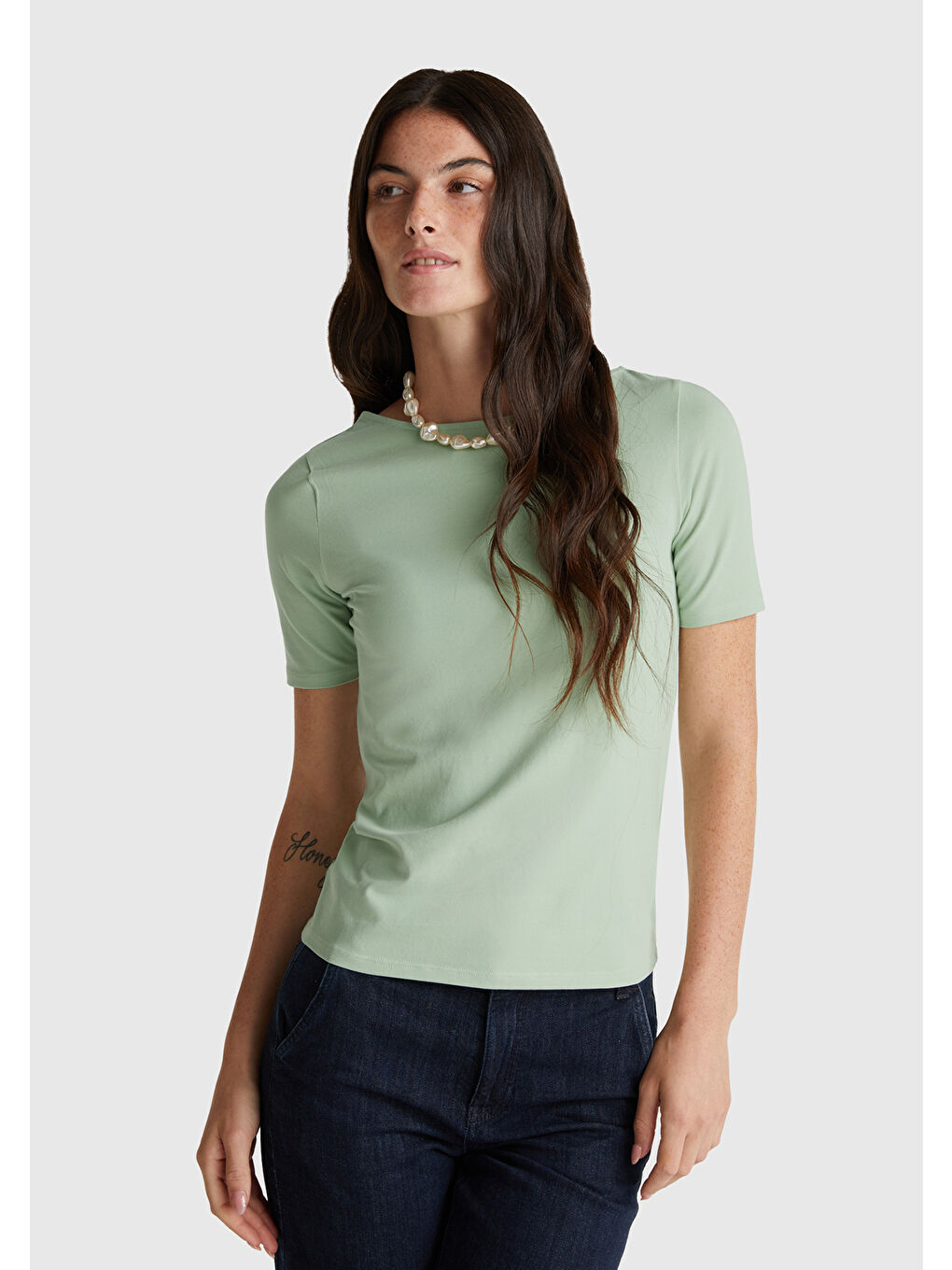 Kadın Mint Yeşili Pamuk Karışımlı Örme Slim Fit Geniş Yaka T-Shirt