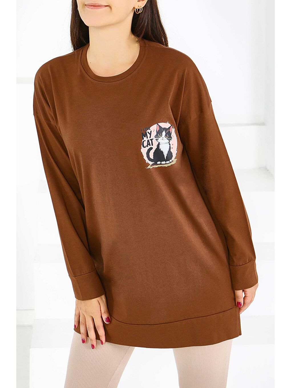 Kahverengi Uzun Kollu Baskılı Süprem Tunik Kahve - 27585-1