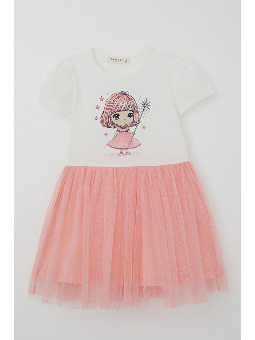 Kız Çocuk Elbise Sevimli Küçük Büyücü Baskılı Ekru (2-6 Yaş)