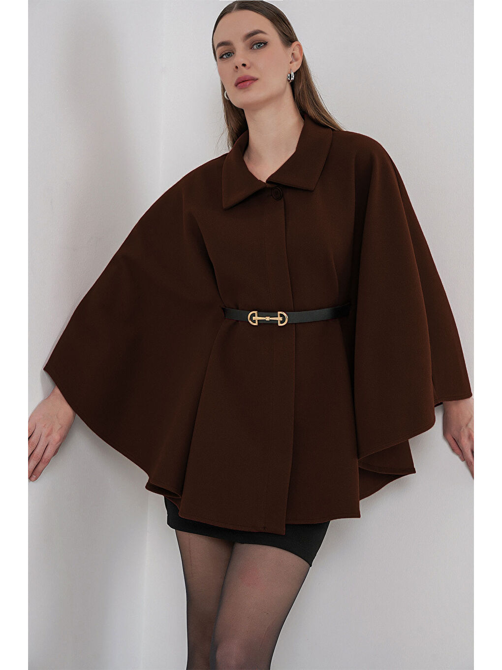 Kadın Kemerli Kaşe Panço 9170 - Kahverengi