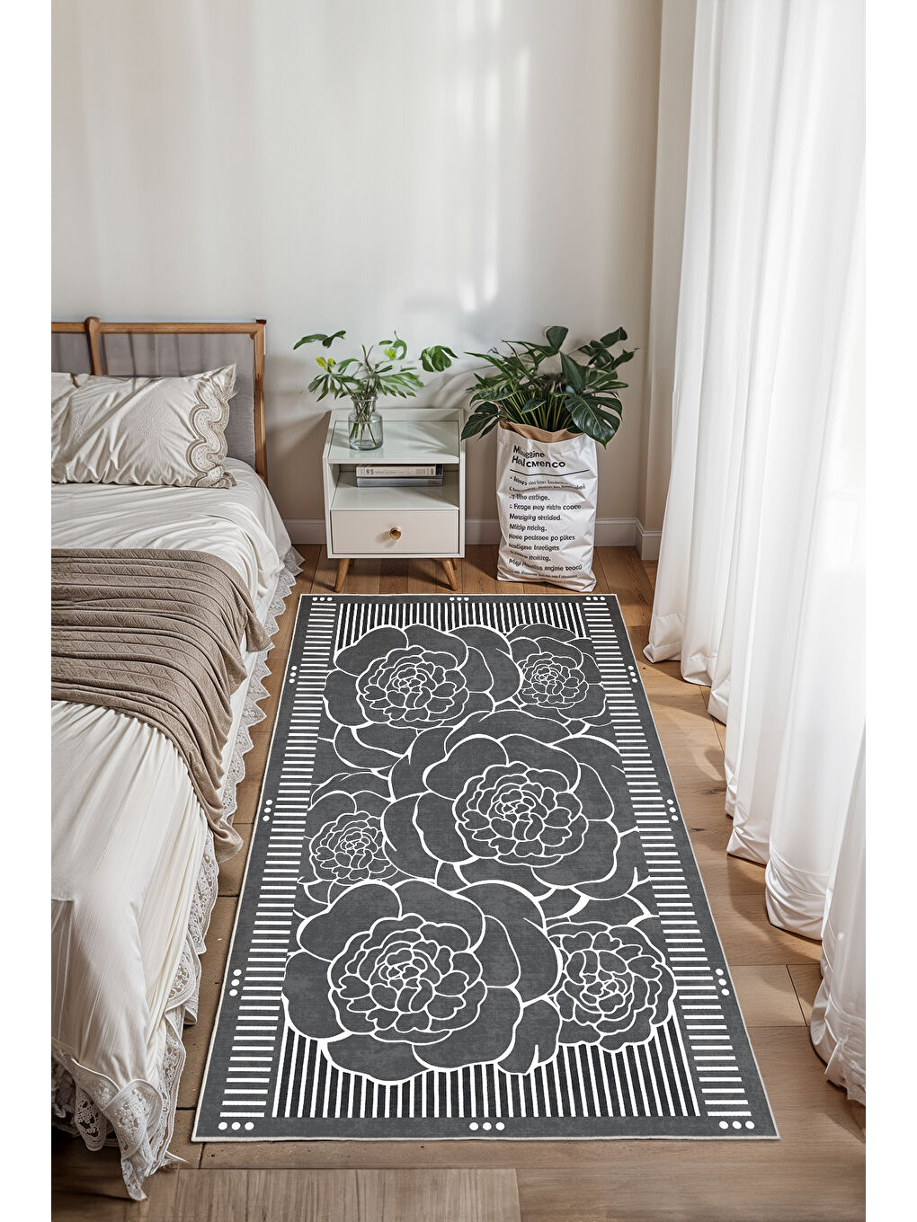 Gri Dekoratif Salon Halısı, Makinada Yıkanabilir, Kaymaz Taban, İnce & Modern Tasarım-2