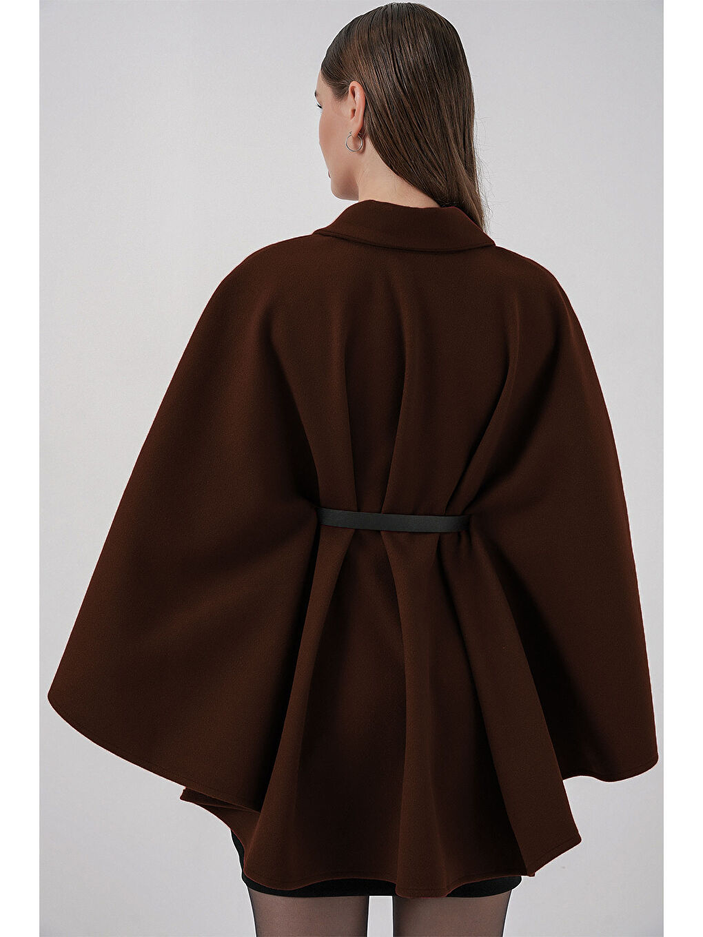 Kadın Kemerli Kaşe Panço 9170 - Kahverengi-2