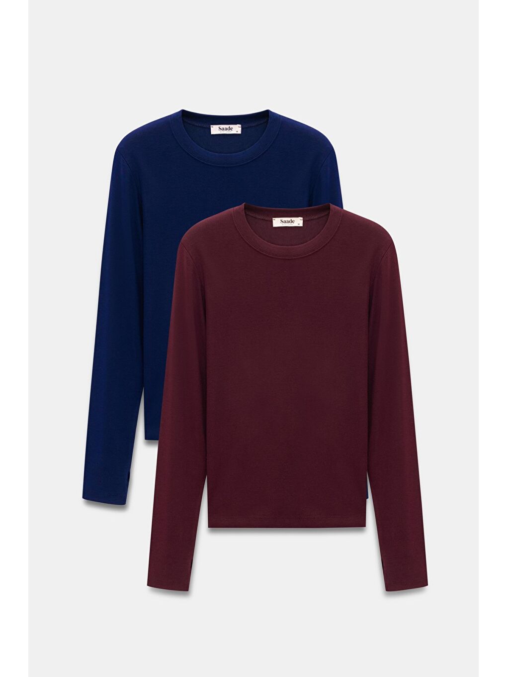 Bordo - Lacivert Kadın Bisiklet Yaka Parmak Geçmeli Uzun Kollu Body/Bluz - 2'li Paket