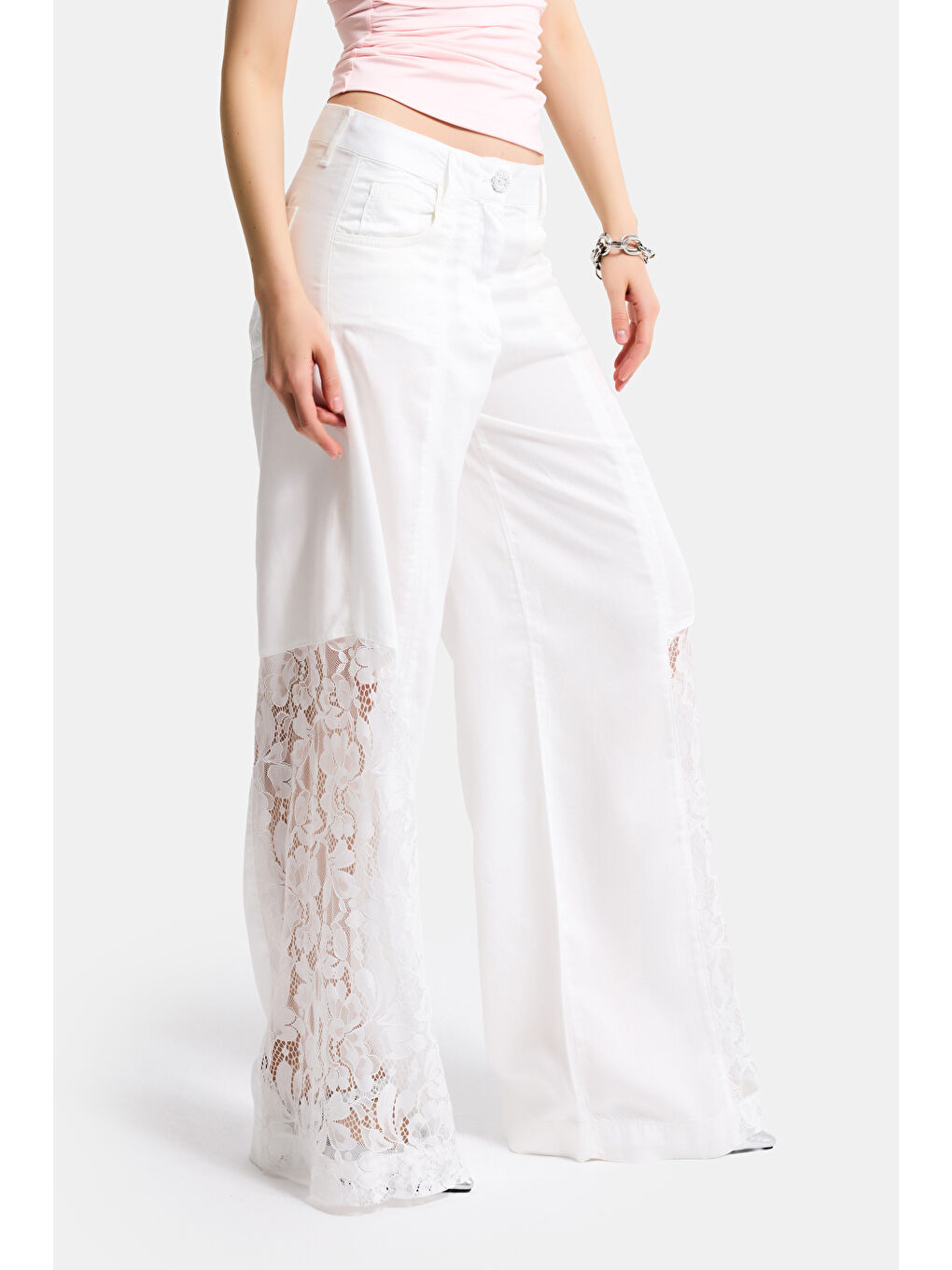 Kadın Kırık Beyaz 7s6-101 Palazzo Dantel Detaylı Özel Tasarım Pantolon-6