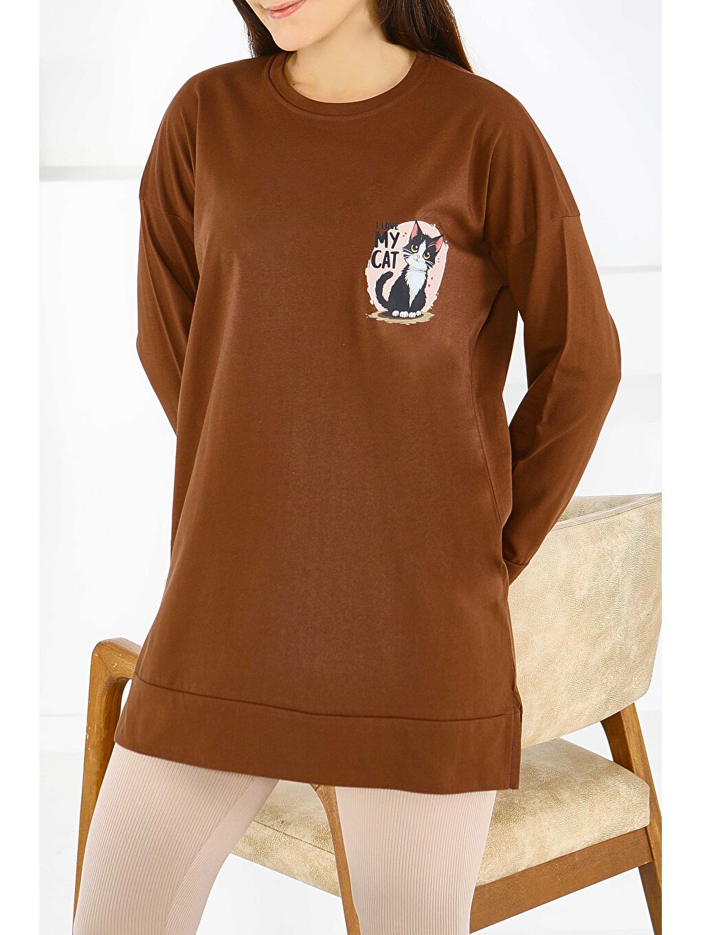 Kahverengi Uzun Kollu Baskılı Süprem Tunik Kahve - 27585-2