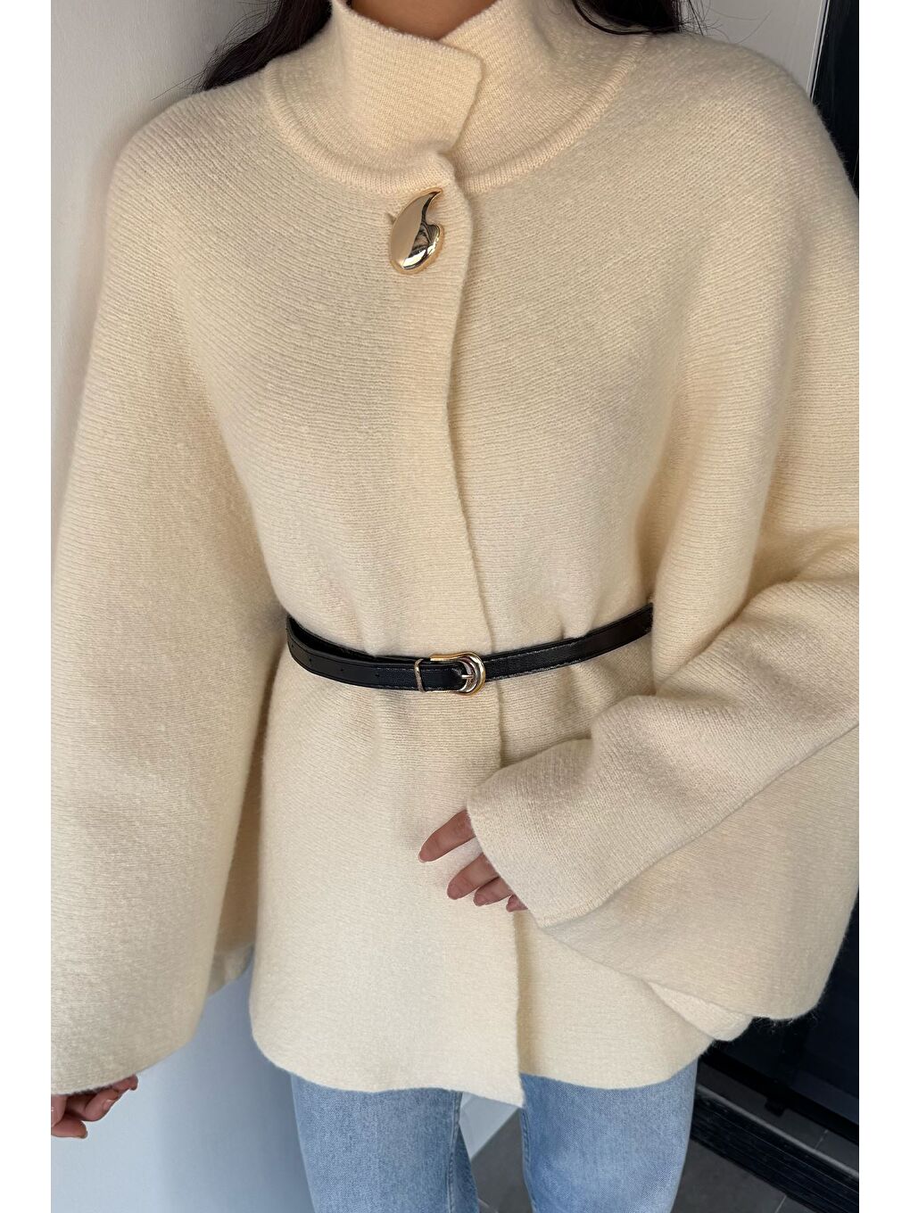 Ekru Kemerli Triko Panço