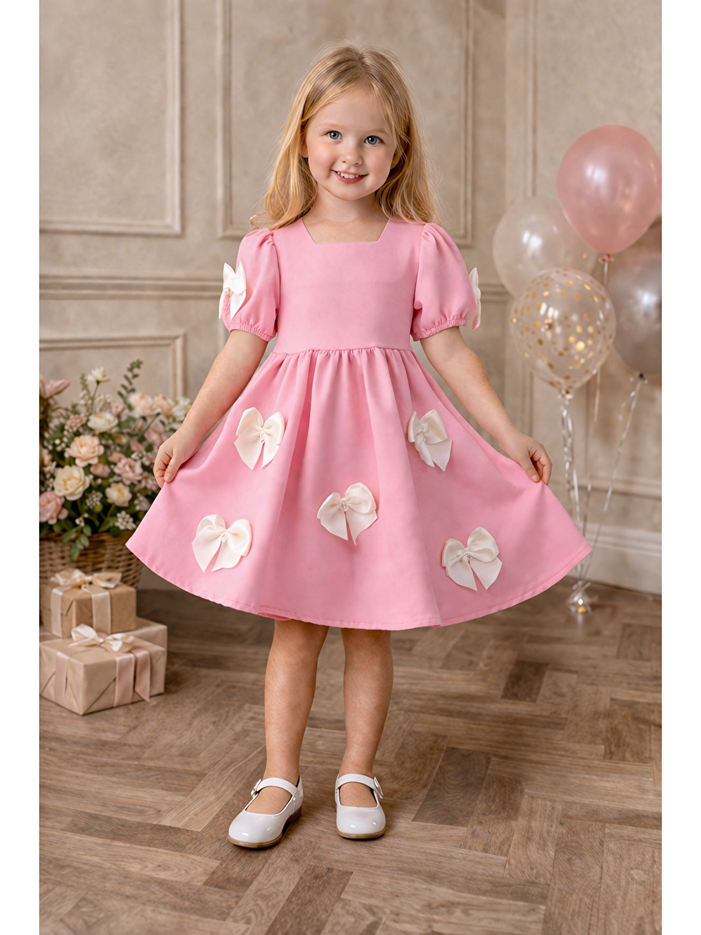 Bisiklet Yaka İncili Fiyonklu Kısa Kol Pudra Pembe Renk Kız Çocuk Elbise