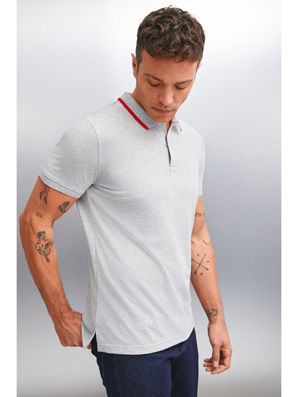 Rhodes Erkek Gri Melanj Polo Yaka T-shirt-5