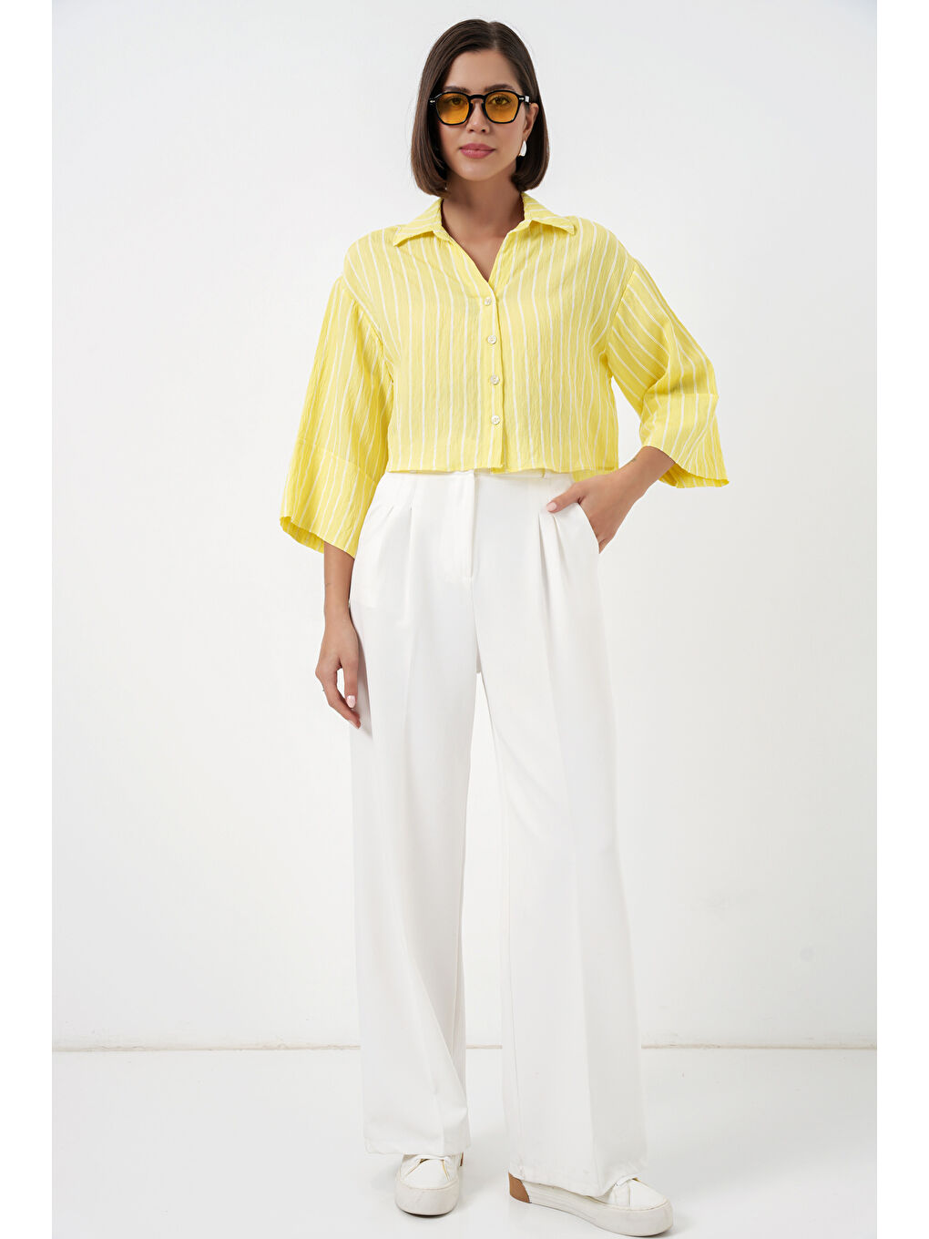 Kadın Çizgili Oversize Kısa Gömlek 20326 - Sarı-1