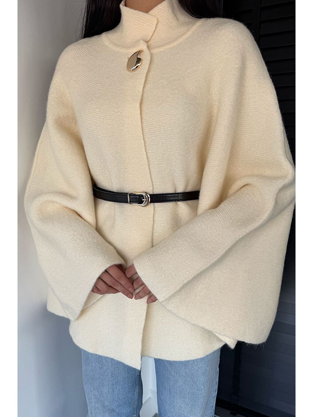 Ekru Kemerli Triko Panço-1