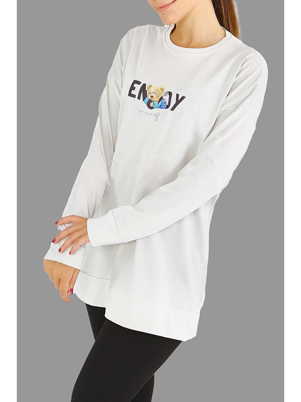 Bej Uzun Kollu Baskılı Süprem Tunik Taş - 27589-1