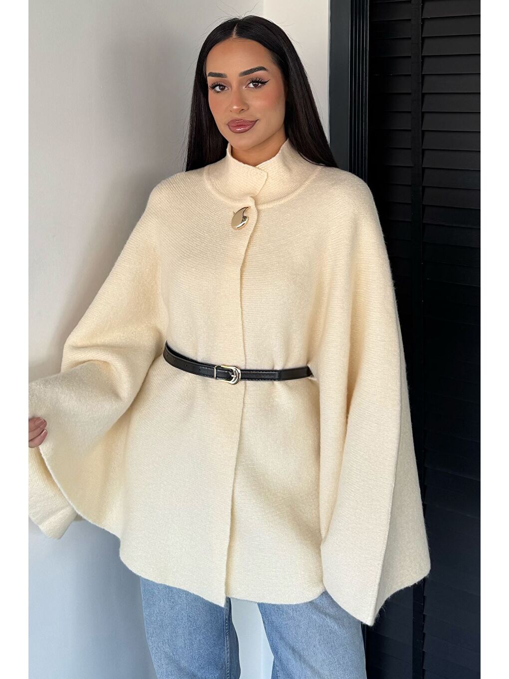 Ekru Kemerli Triko Panço-2