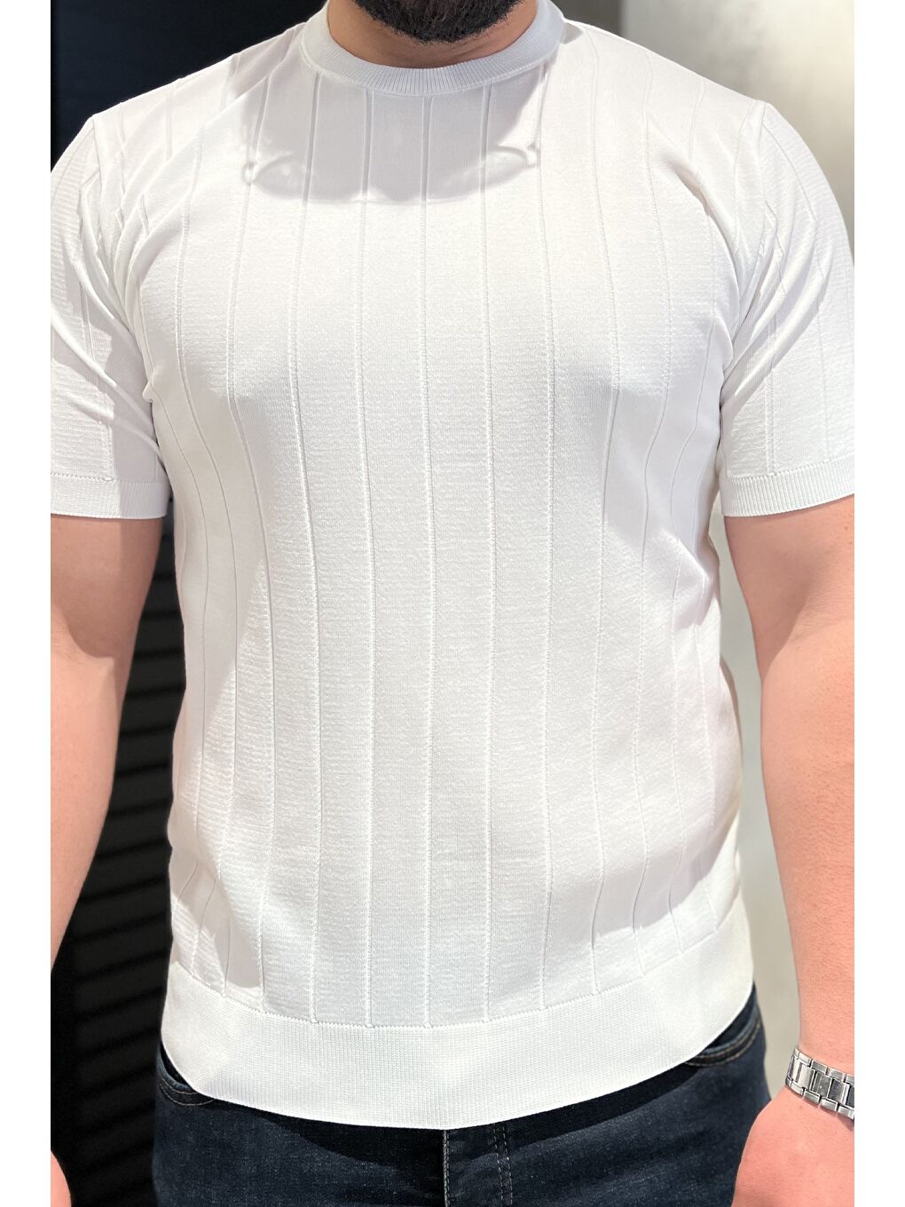 Beyaz Erkek Bisiklet Yaka Kendinden Çizgi Desenli Triko Tişört-3