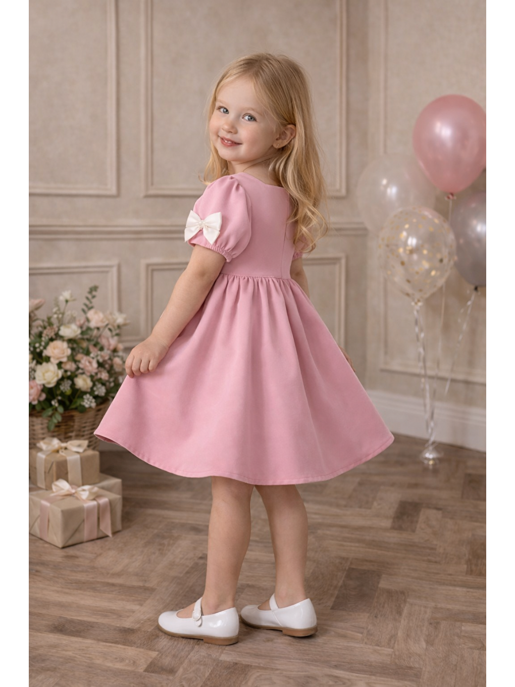 Bisiklet Yaka İncili Fiyonklu Kısa Kol Pudra Pembe Renk Kız Çocuk Elbise-1