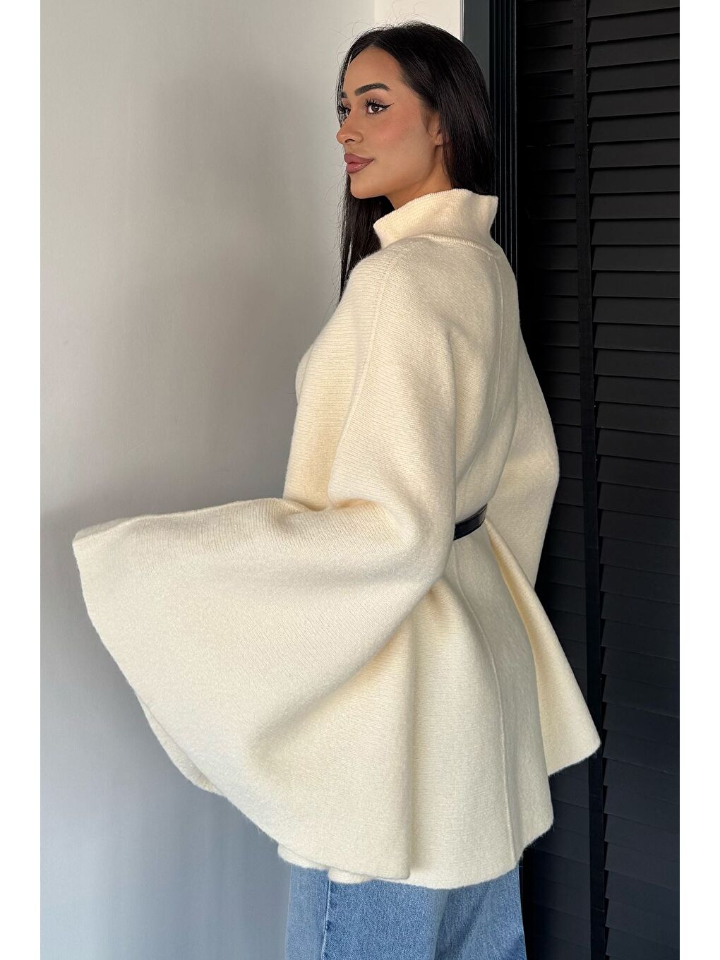 Ekru Kemerli Triko Panço-3