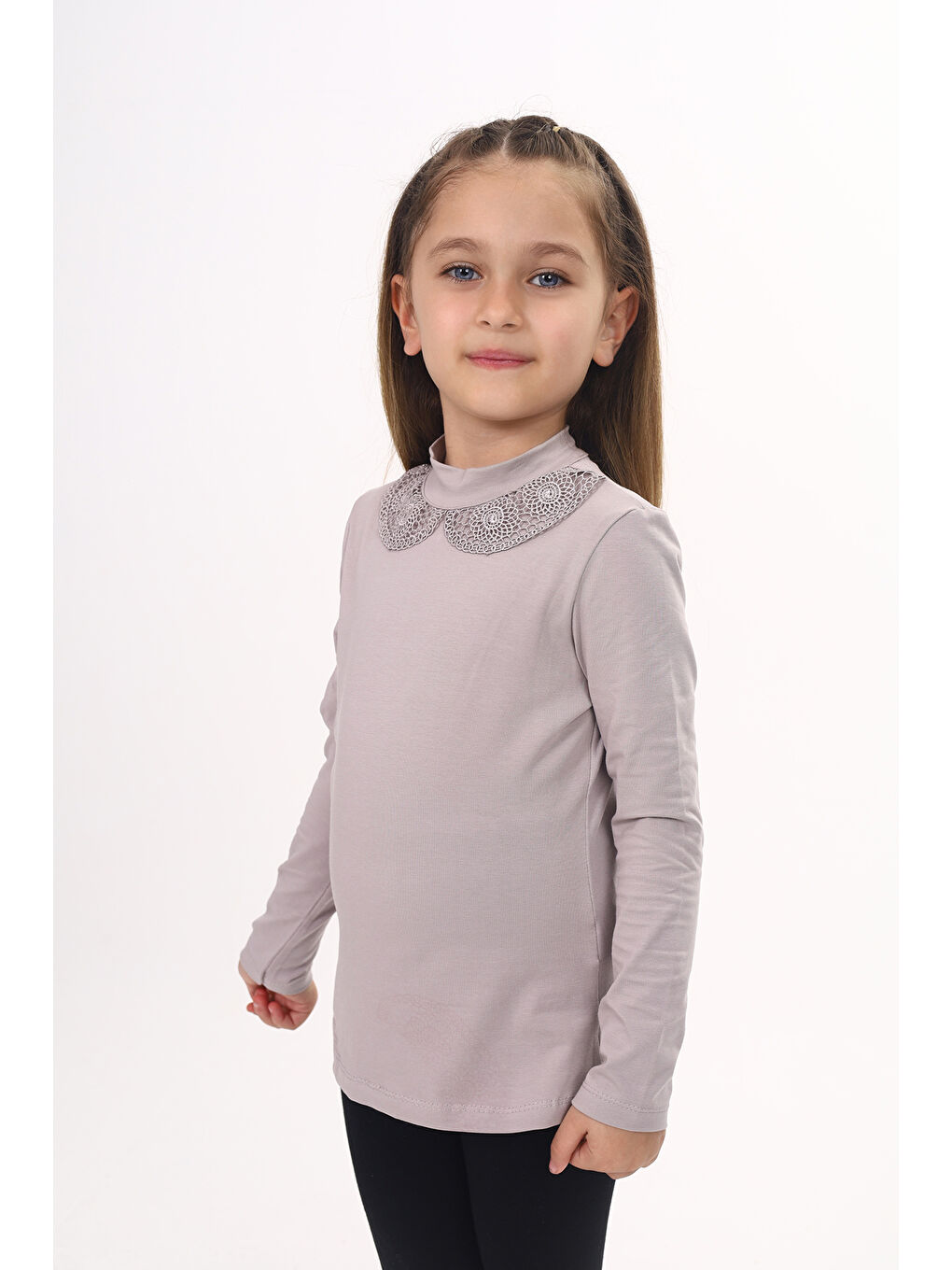 Kahverengi Kız Çocuk Yakası Dantel Detaylı Tişört-1