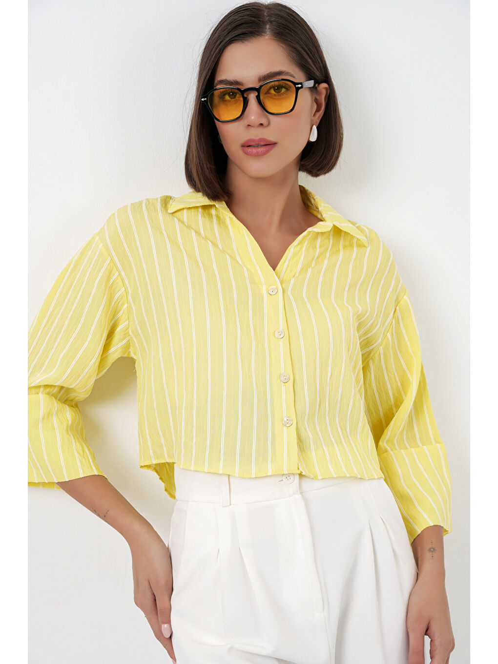 Kadın Çizgili Oversize Kısa Gömlek 20326 - Sarı-2