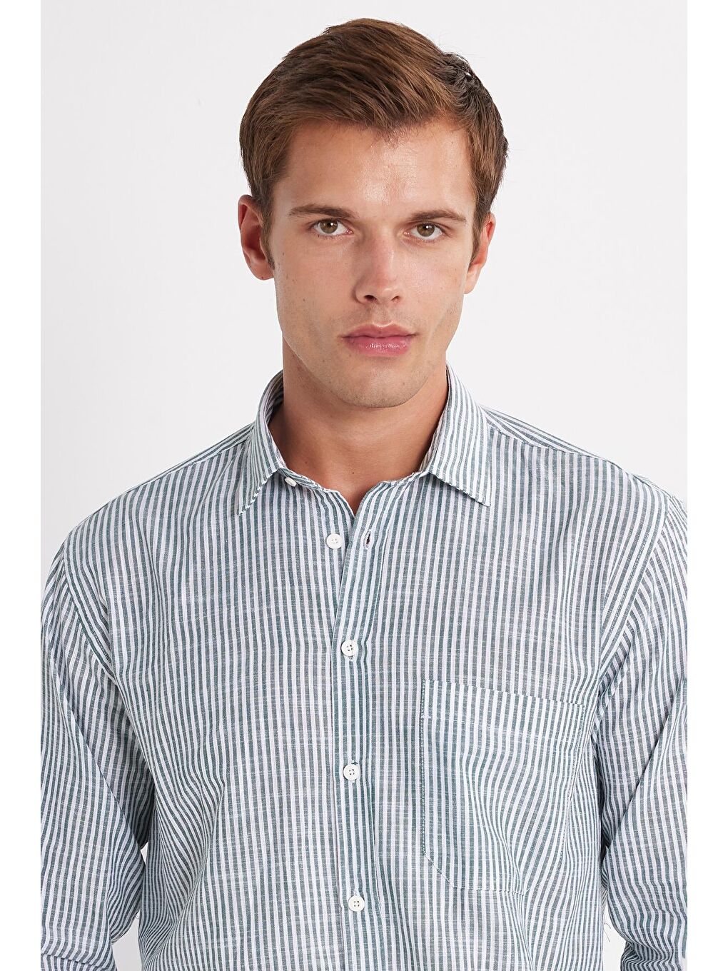 Karışık Erkek Regular Fit Klasik Kesim Uzun Kollu %100 Pamuk Keten Doku Tek Cepli Yeşil Çizgili Gömlek-1