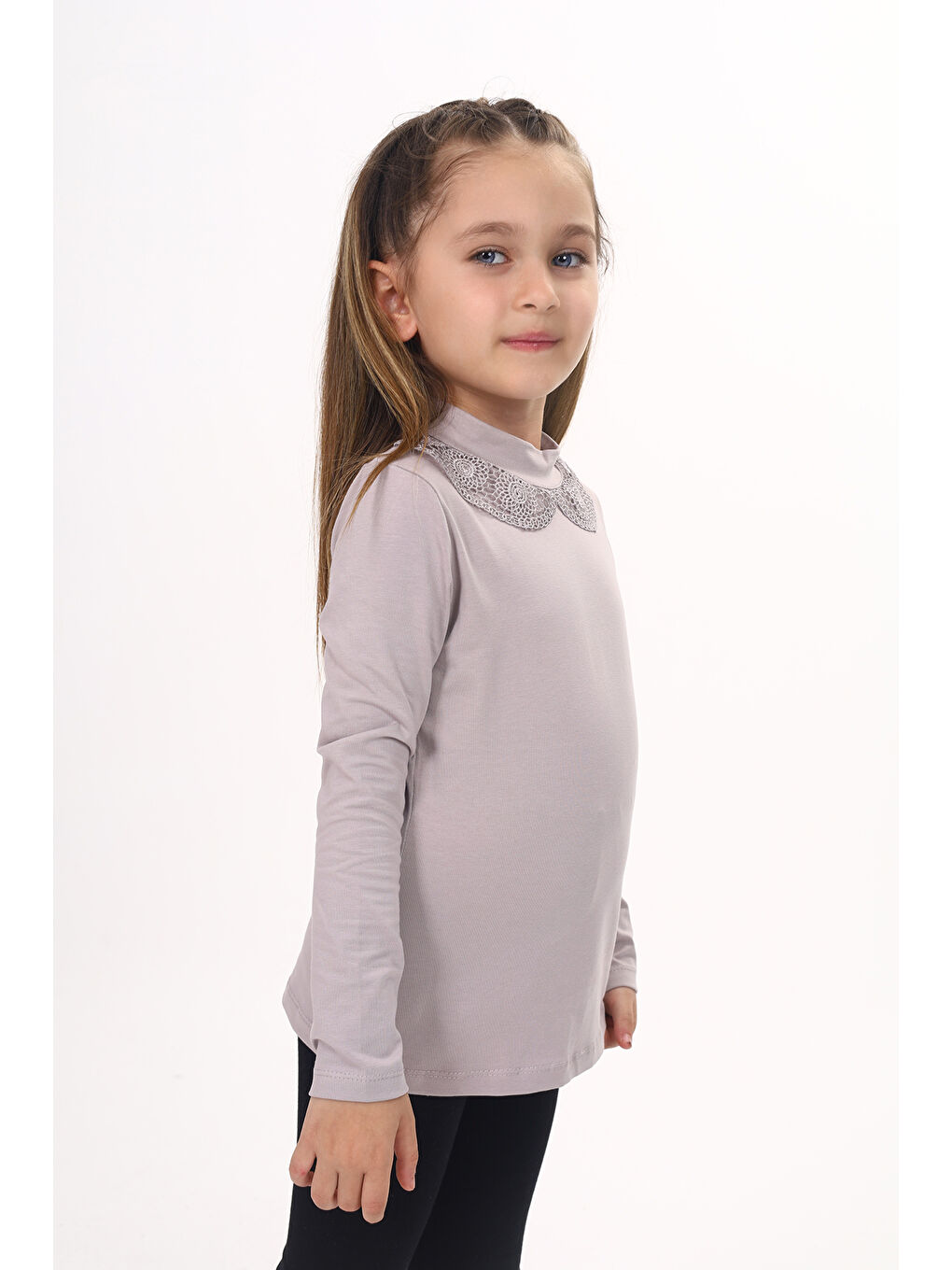 Kahverengi Kız Çocuk Yakası Dantel Detaylı Tişört-2