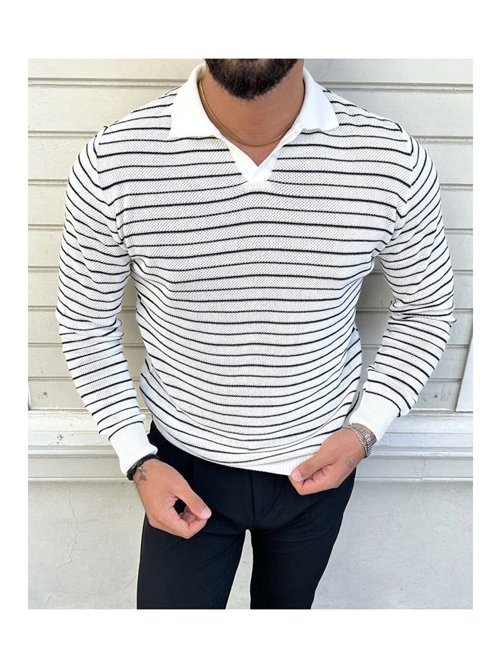 Beyaz Erkek Çizgili Polo Yaka Triko Kazak-1