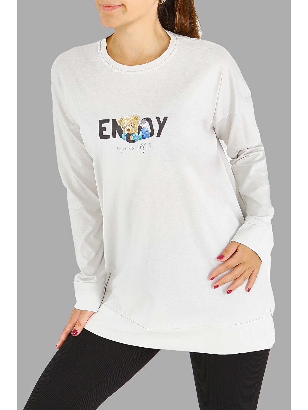 Bej Uzun Kollu Baskılı Süprem Tunik Taş - 27589-2