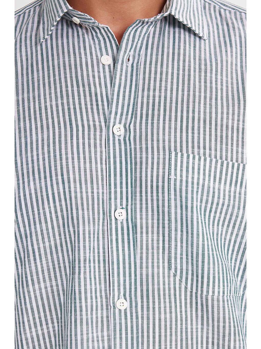 Karışık Erkek Regular Fit Klasik Kesim Uzun Kollu %100 Pamuk Keten Doku Tek Cepli Yeşil Çizgili Gömlek-2