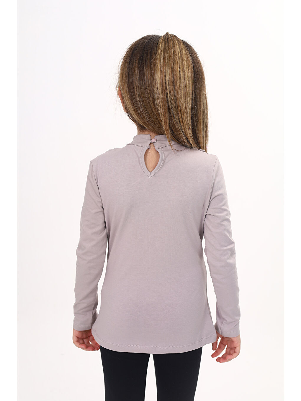 Kahverengi Kız Çocuk Yakası Dantel Detaylı Tişört-3