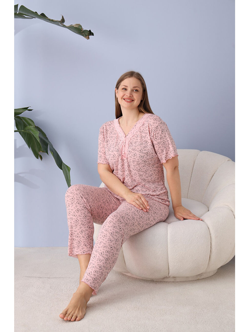 Pembe %100 Pamuklu Kısa Kollu Büyük Beden Kadın Pijama Takımı 50170-1