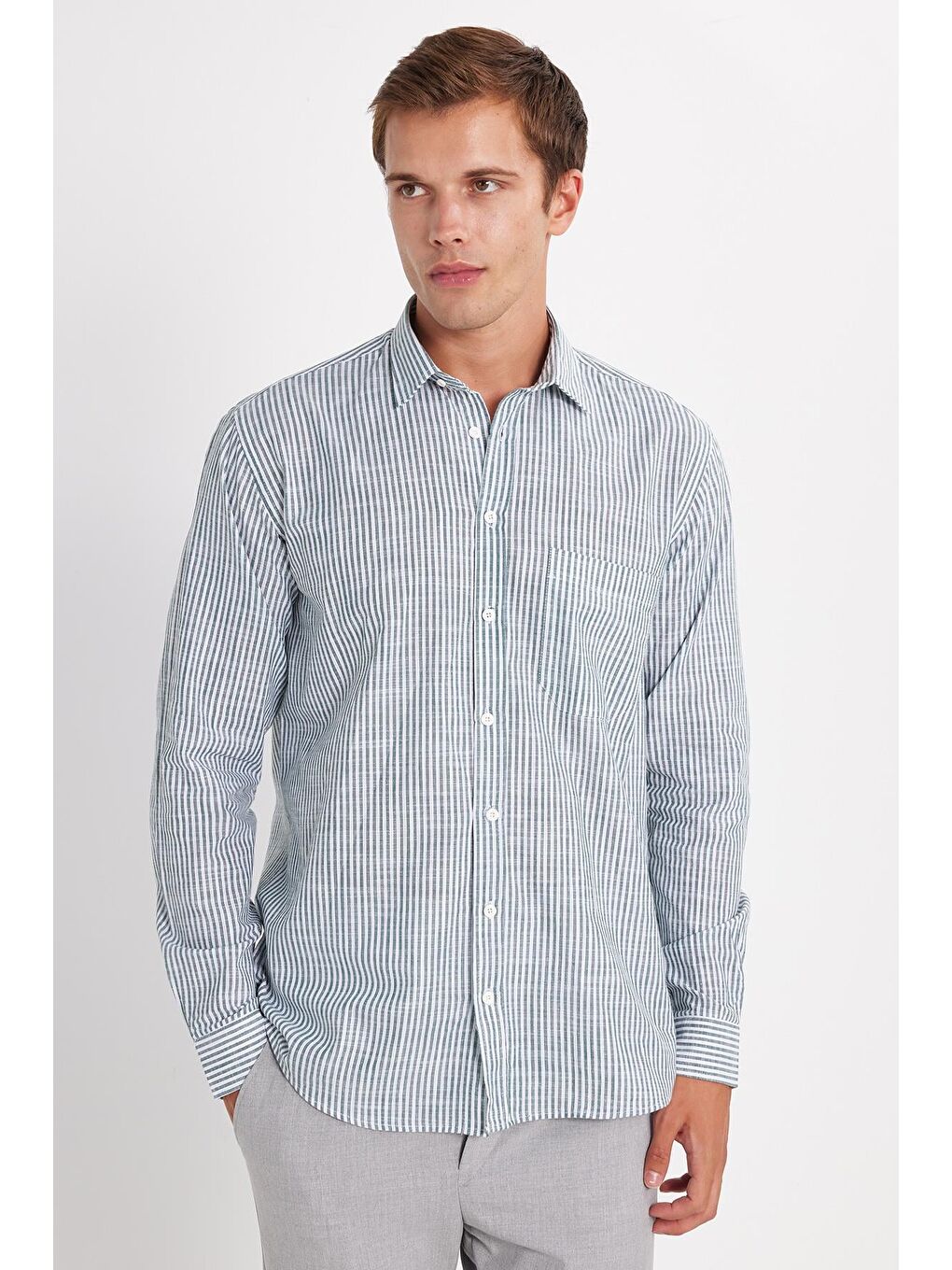 Karışık Erkek Regular Fit Klasik Kesim Uzun Kollu %100 Pamuk Keten Doku Tek Cepli Yeşil Çizgili Gömlek-3