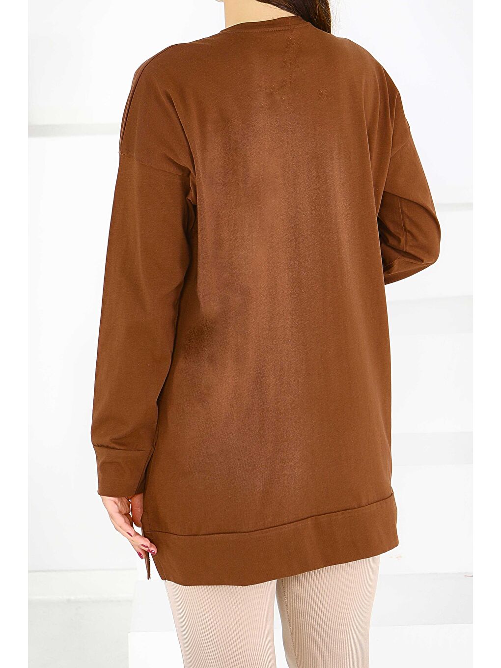 Kahverengi Uzun Kollu Baskılı Süprem Tunik Kahve - 27585-3