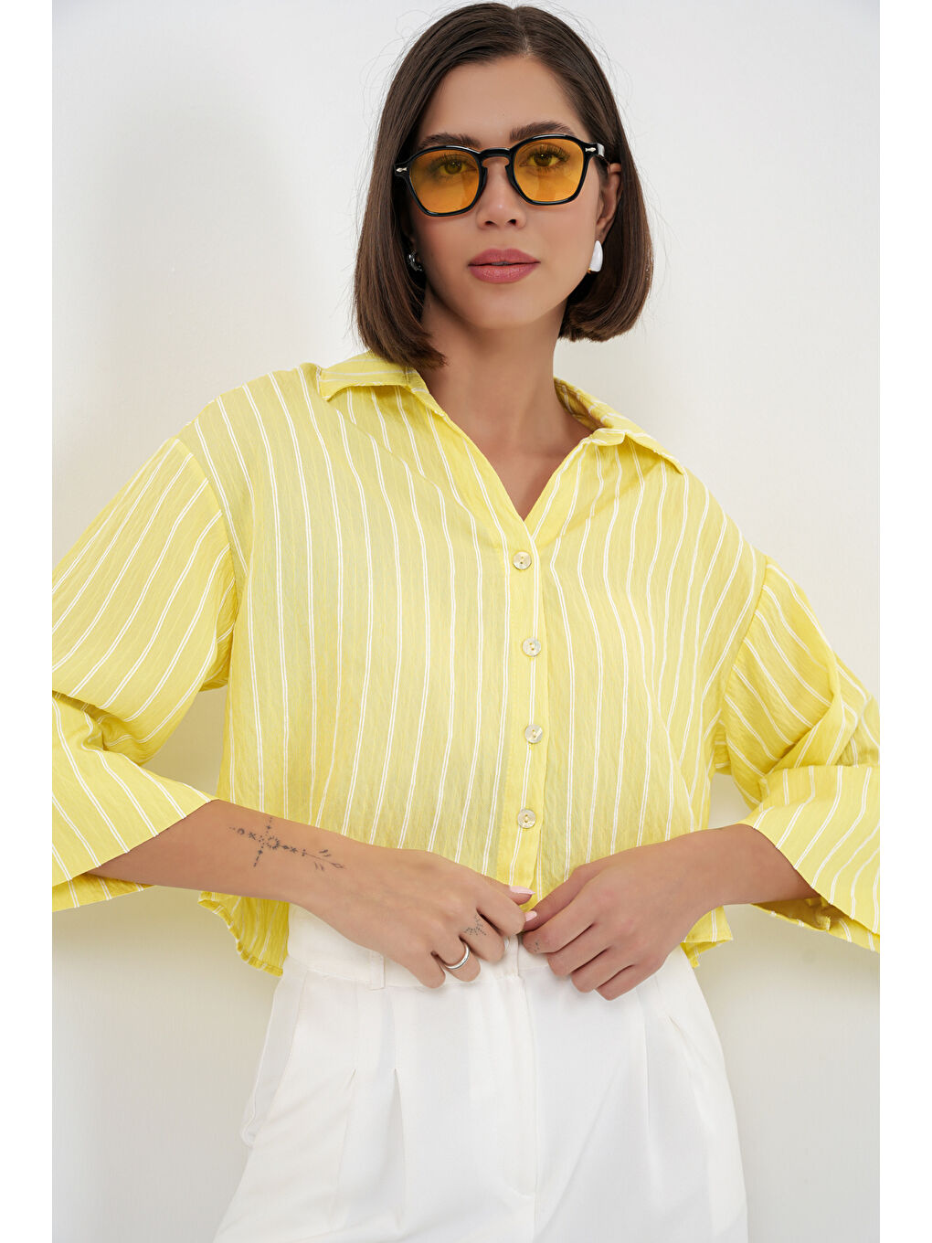 Kadın Çizgili Oversize Kısa Gömlek 20326 - Sarı-3