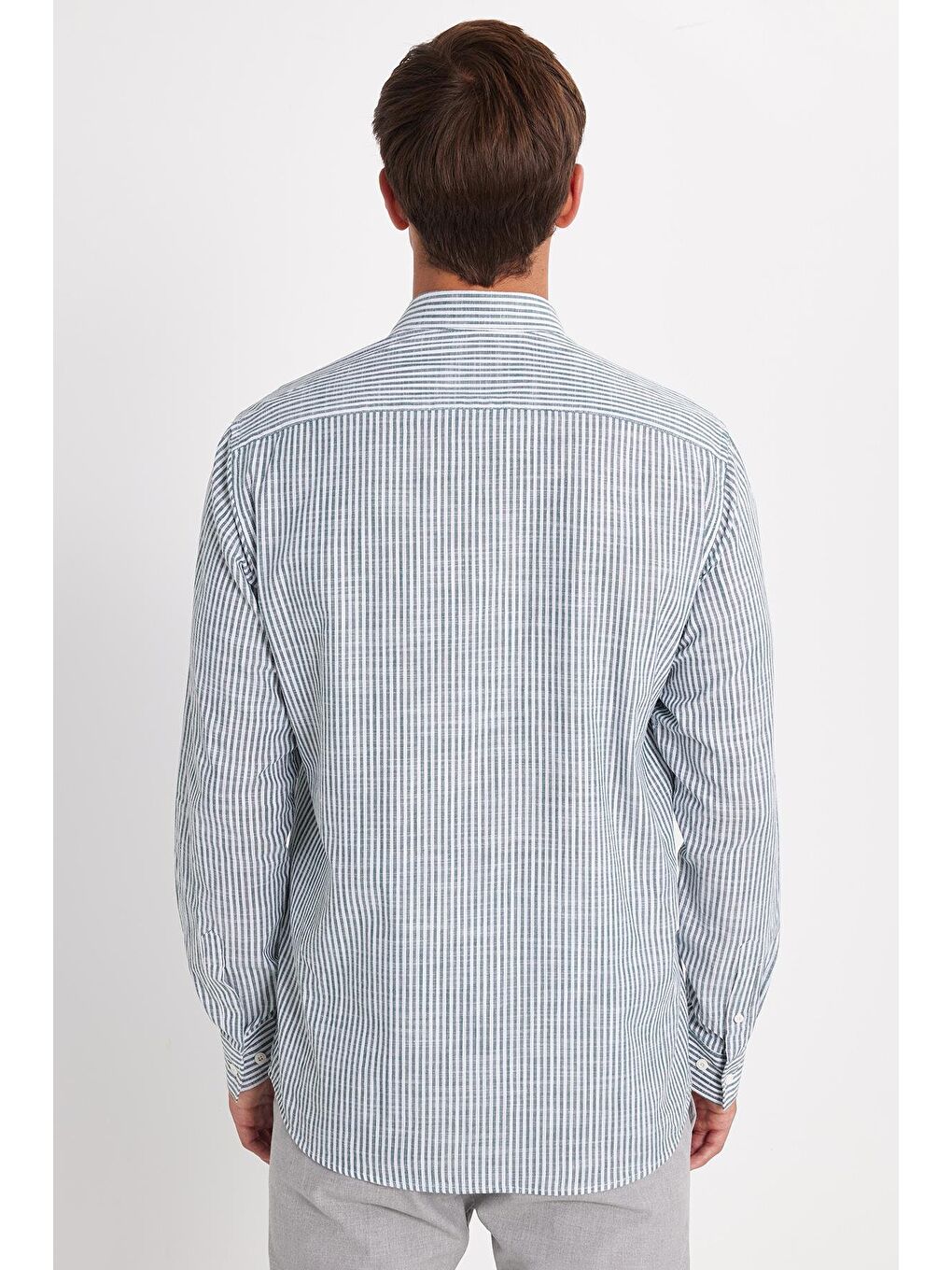 Karışık Erkek Regular Fit Klasik Kesim Uzun Kollu %100 Pamuk Keten Doku Tek Cepli Yeşil Çizgili Gömlek-4