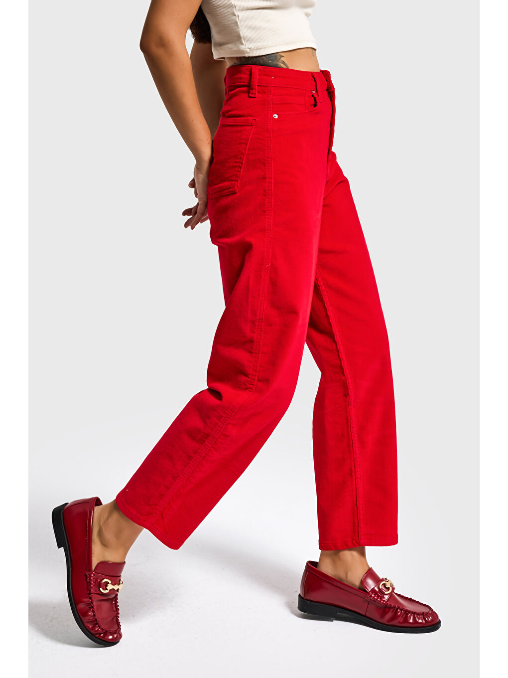 Kadın Kırmızı 26w5-19 Relax Fit Velvet Kadife Kumaş Pantolon-1