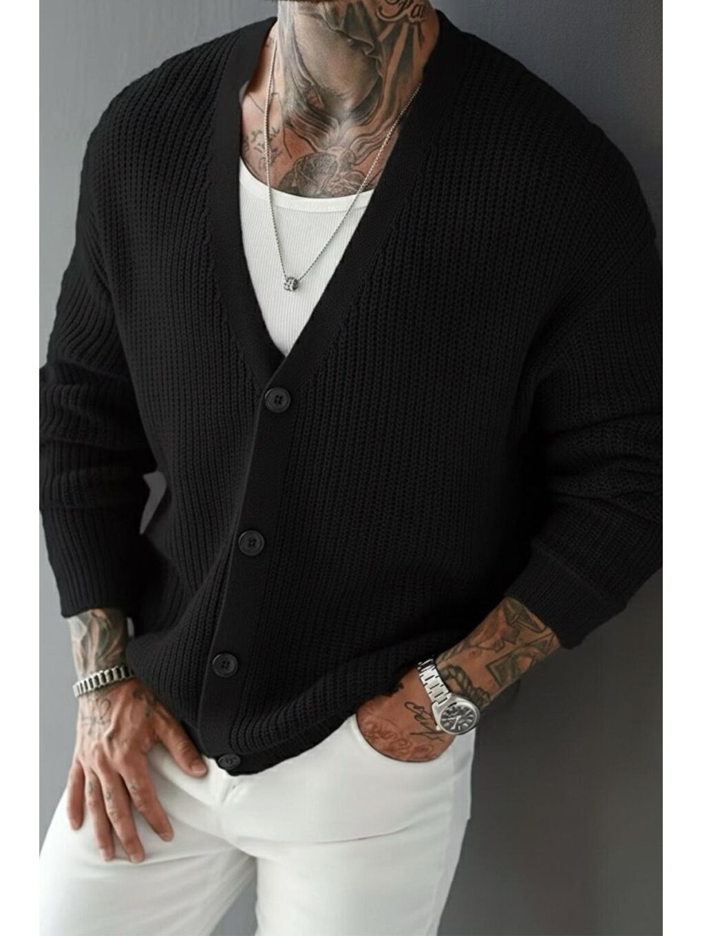 Siyah Grov Düğmeli V Yaka Kalın Erkek Hırka-1