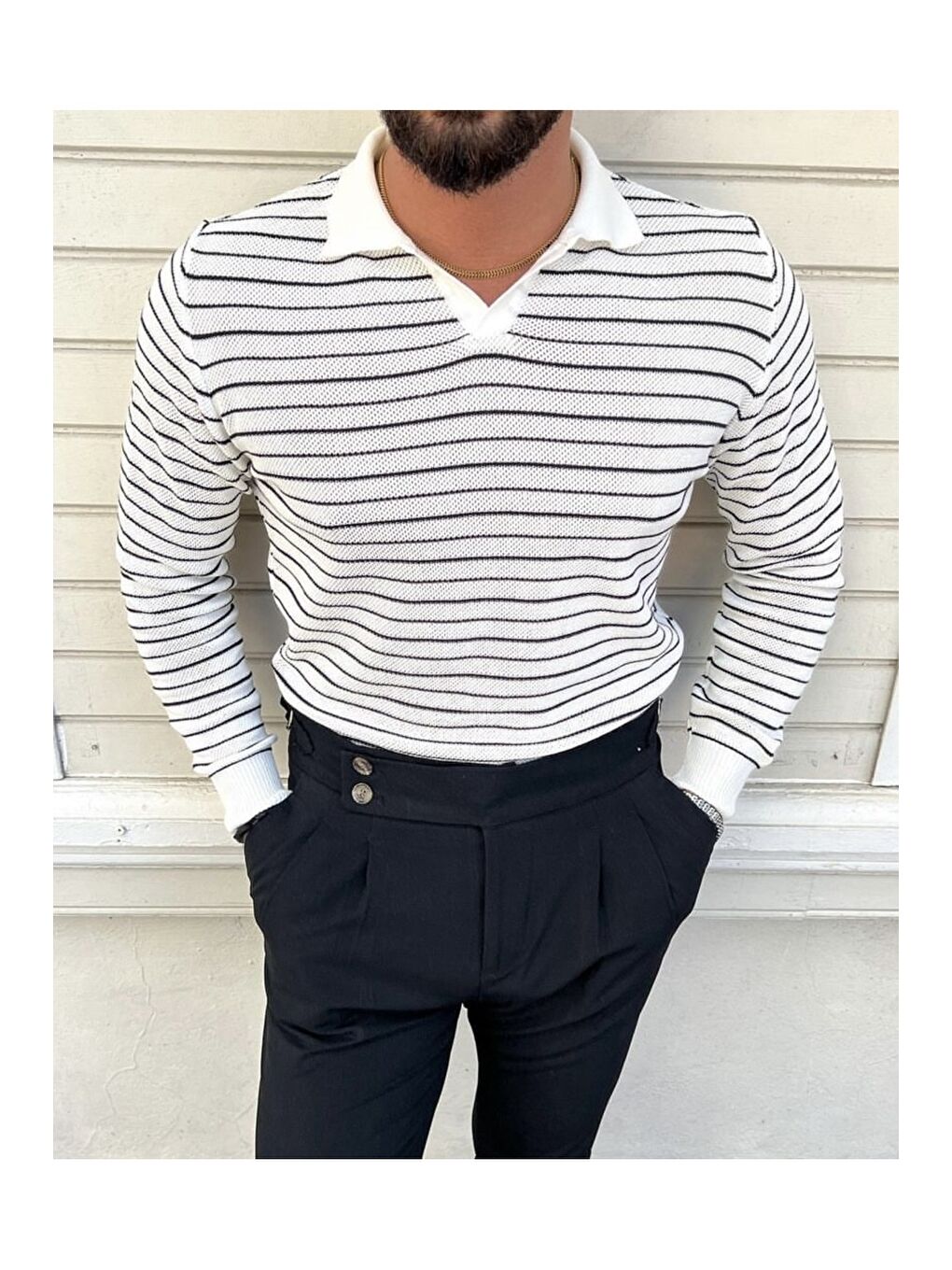 Beyaz Erkek Çizgili Polo Yaka Triko Kazak-2