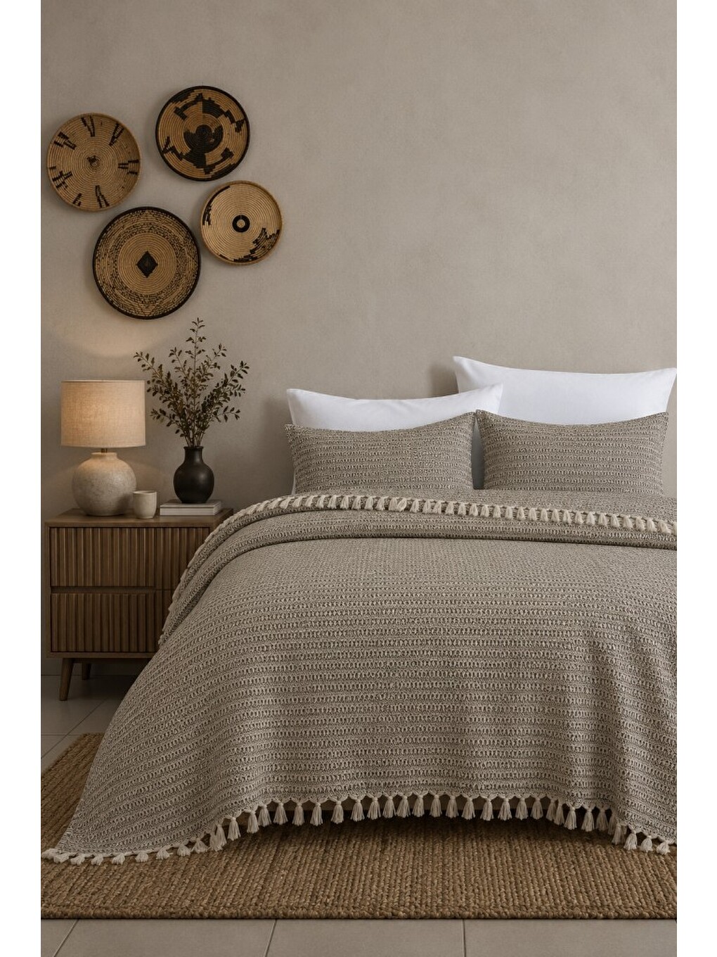Bej King Size Dokuma Pike Takımı 240x260 cm 2 Yastık Kılıflı Saçak Detaylı Örtü Seti