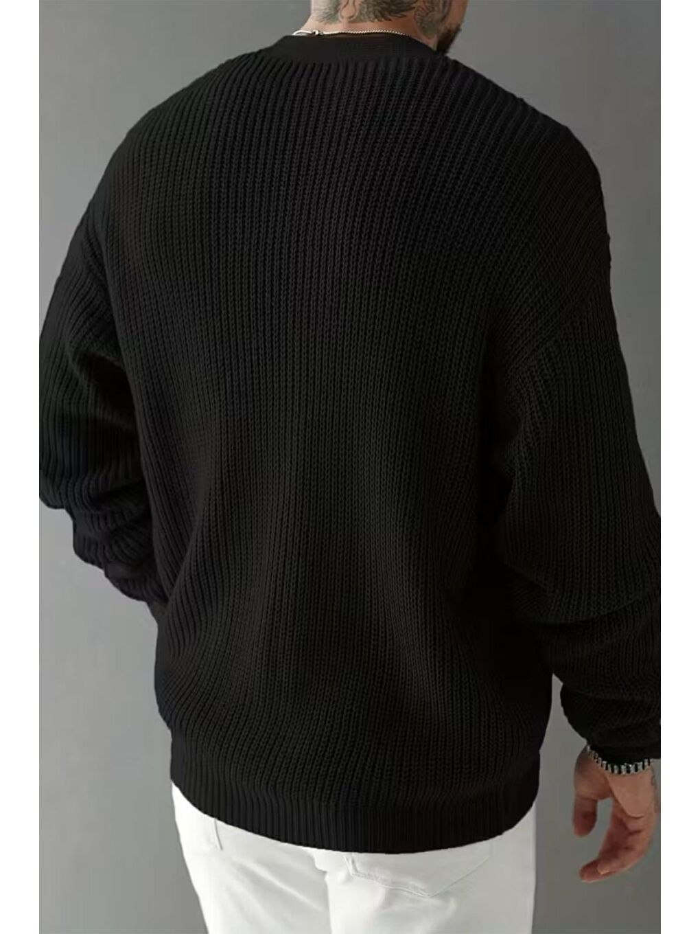 Siyah Grov Düğmeli V Yaka Kalın Erkek Hırka-2